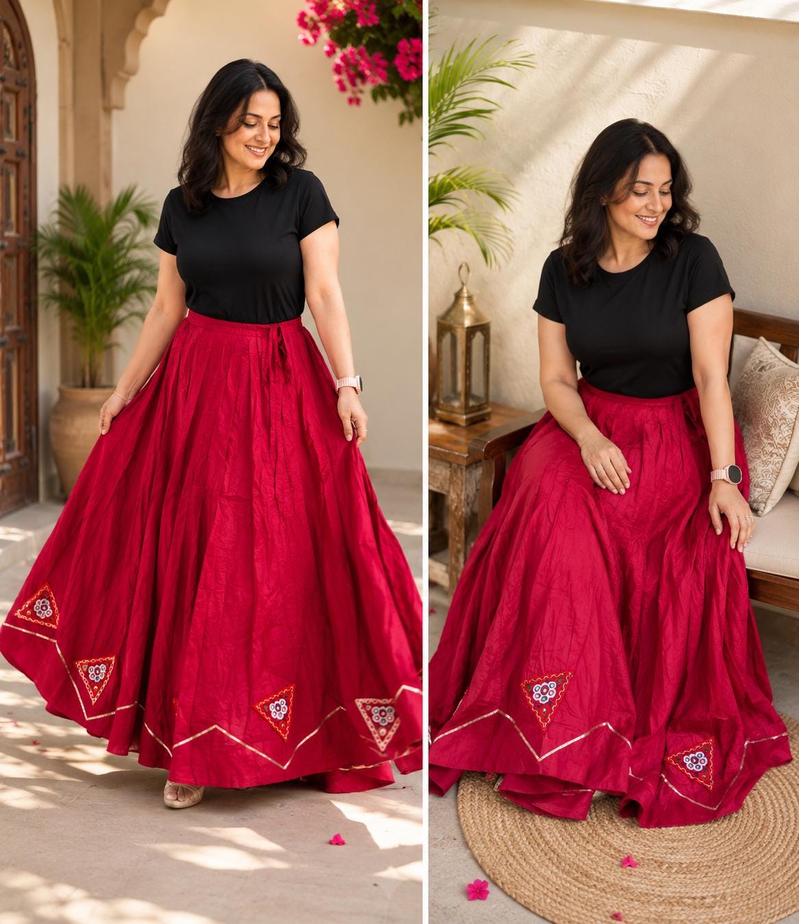 Red skirt with patch work 10 m flair | Festive & Party Wear | Ishq by Isha