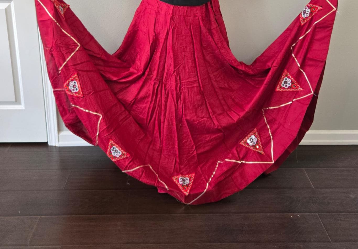 Red skirt with patch work 10 m flair | Festive & Party Wear | Ishq by Isha