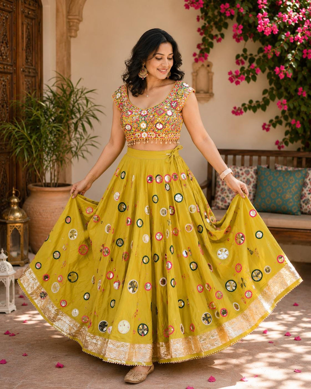 Green Skirt with Artificial Mirror Work 10 m flair | Festive & Party Wear | Ishq by Isha