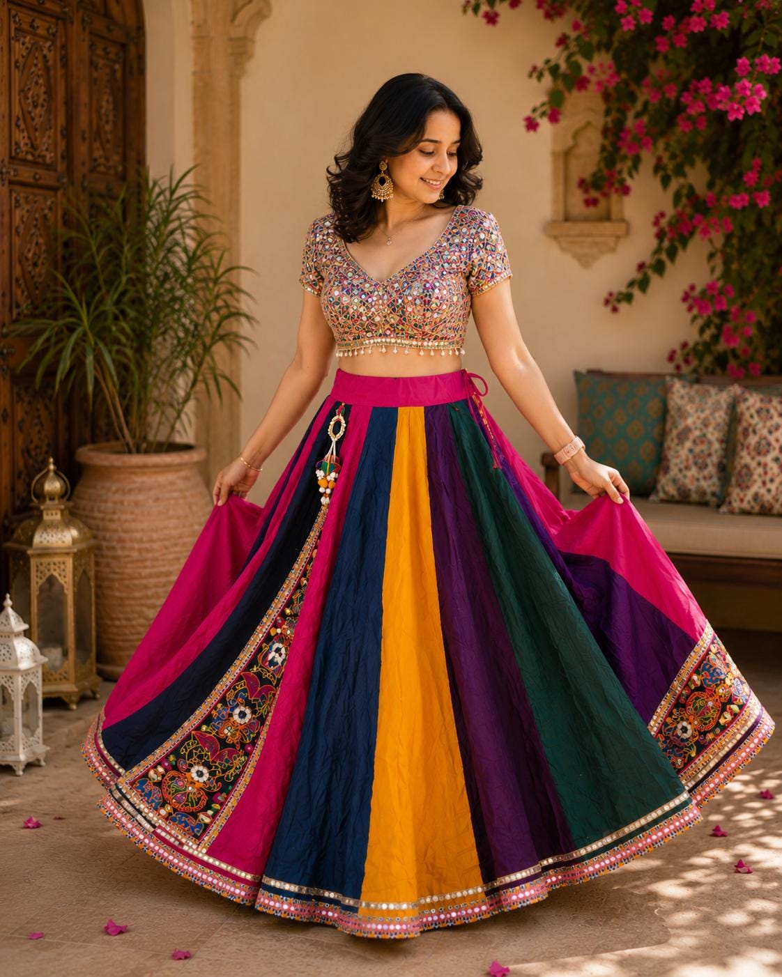 Mutilcolurskirt With patch work 10 m flair | Festive & Party Wear | Ishq by Isha