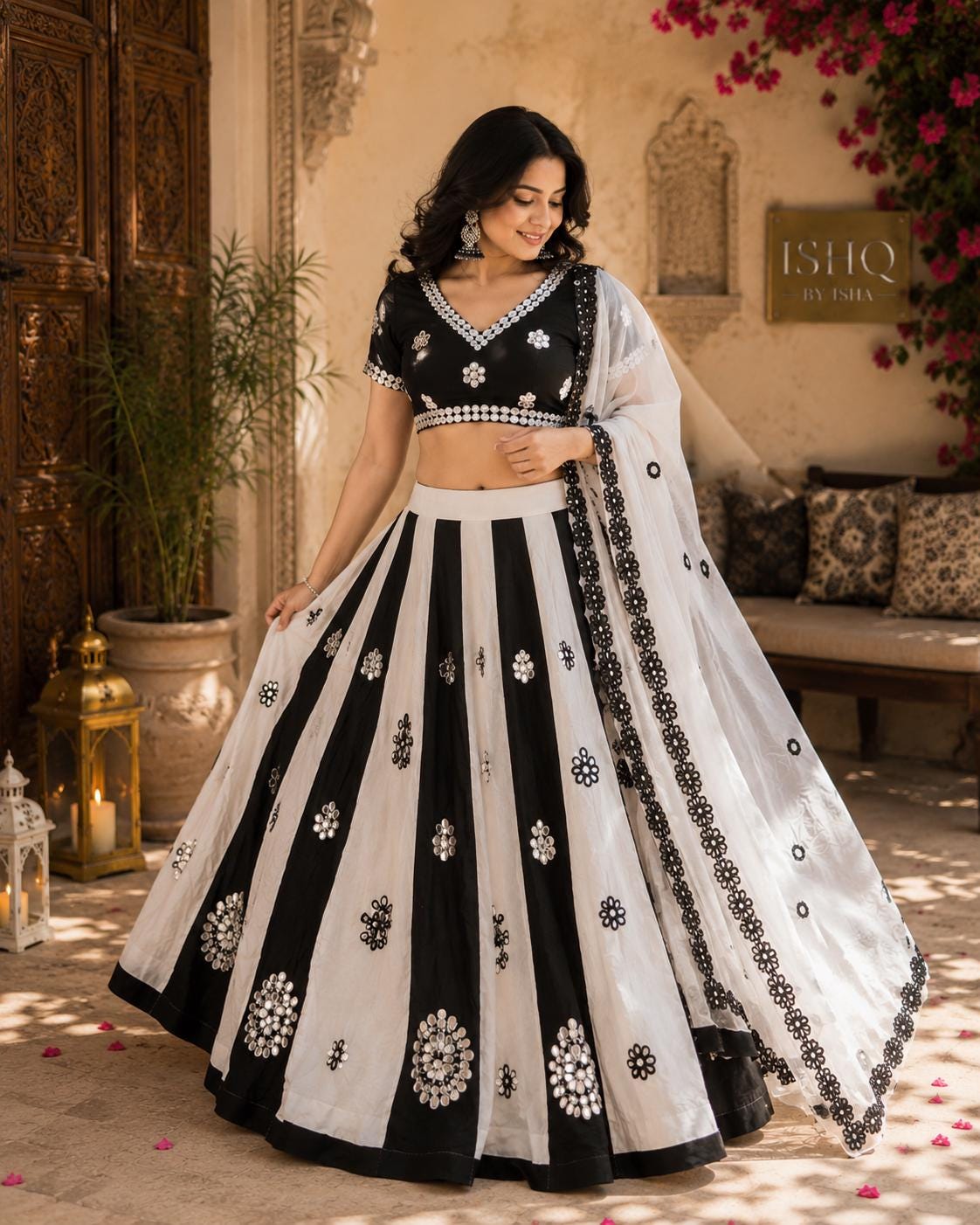 Garba Print Lehenga |white&black Ethnic Skirt | Navratri Ghagra Choli | Handmade Indian Festival Outfit