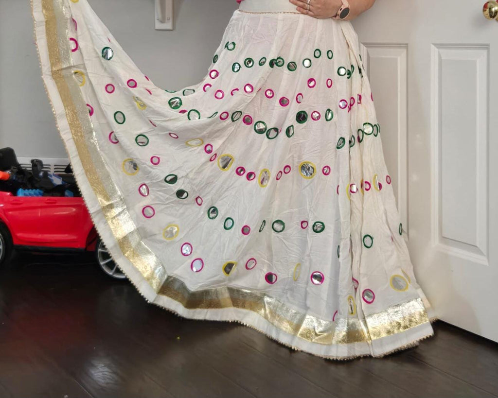 White Skirt with Artificial Mirror Work 10 m flair | Festive & Party Wear | Ishq by Isha