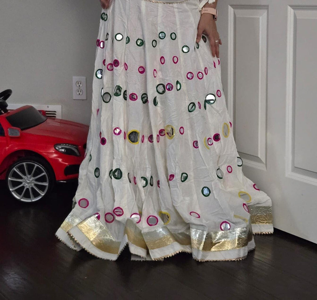 White Skirt with Artificial Mirror Work 10 m flair | Festive & Party Wear | Ishq by Isha