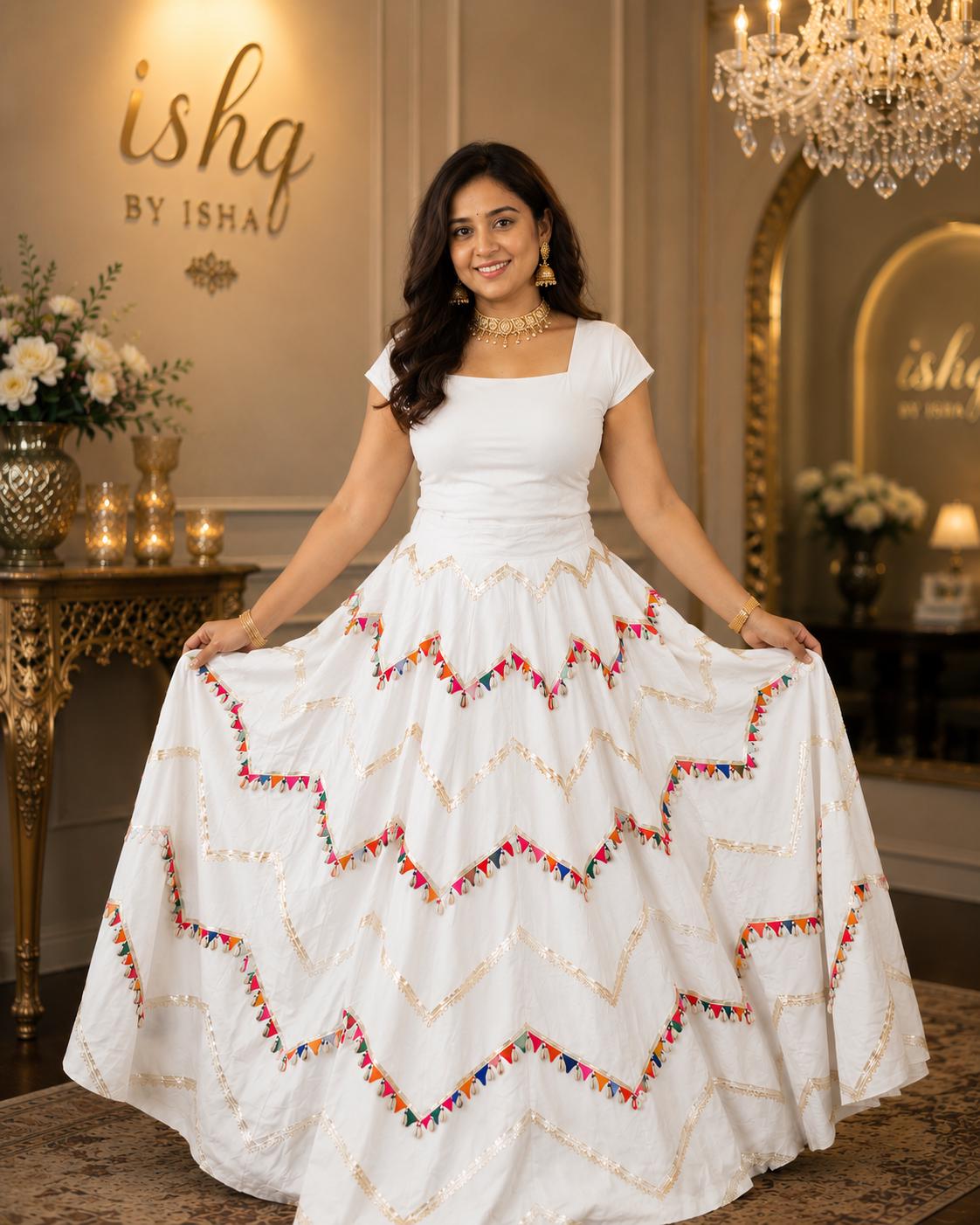 White Flared Skirt with Gota shell Work | Festive Party Wear Cotton Blend