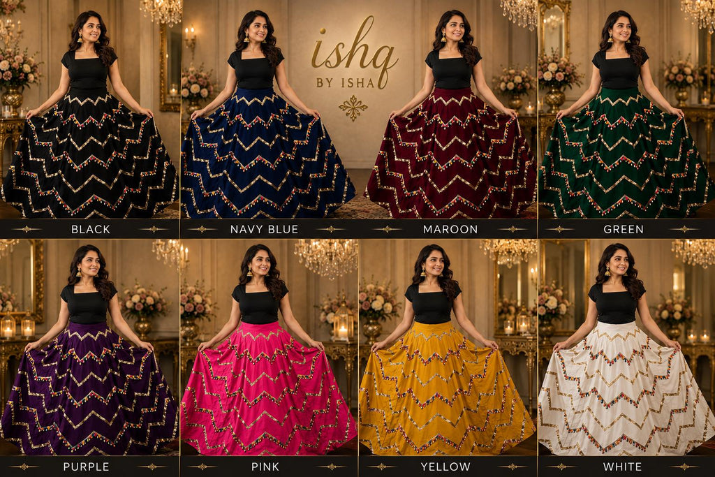 Skirt with gota and Multicolour Work 10 m flair | Festive & Party Wear | Ishq by Isha
