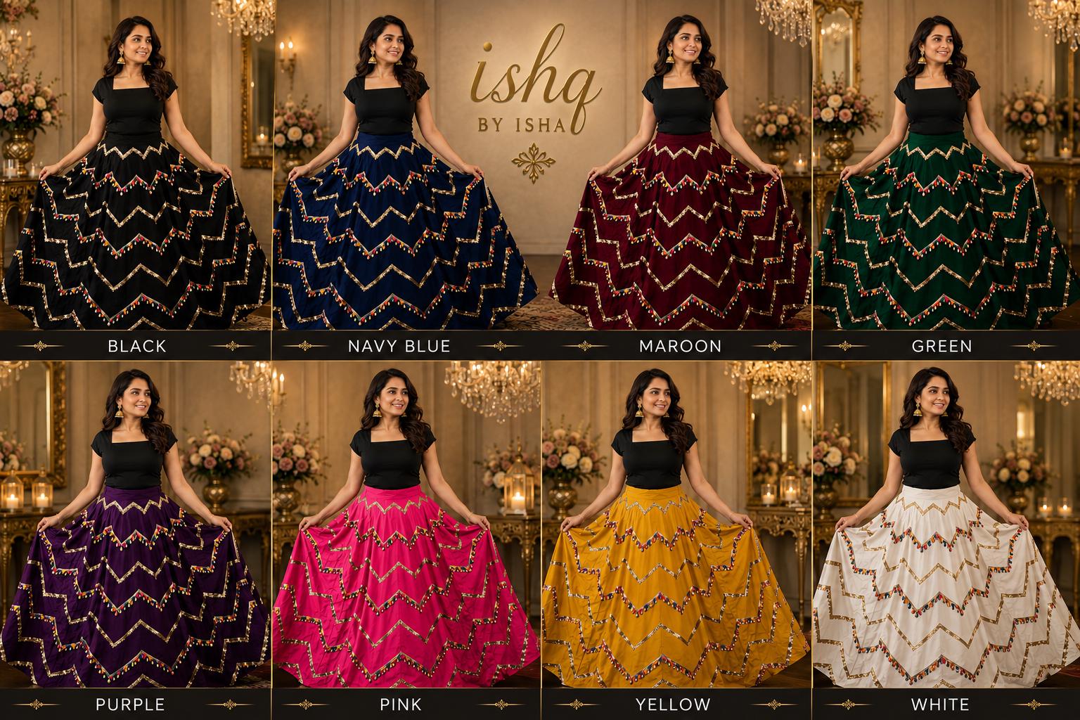 Skirt with gota and Multicolour Work 10 m flair | Festive & Party Wear | Ishq by Isha