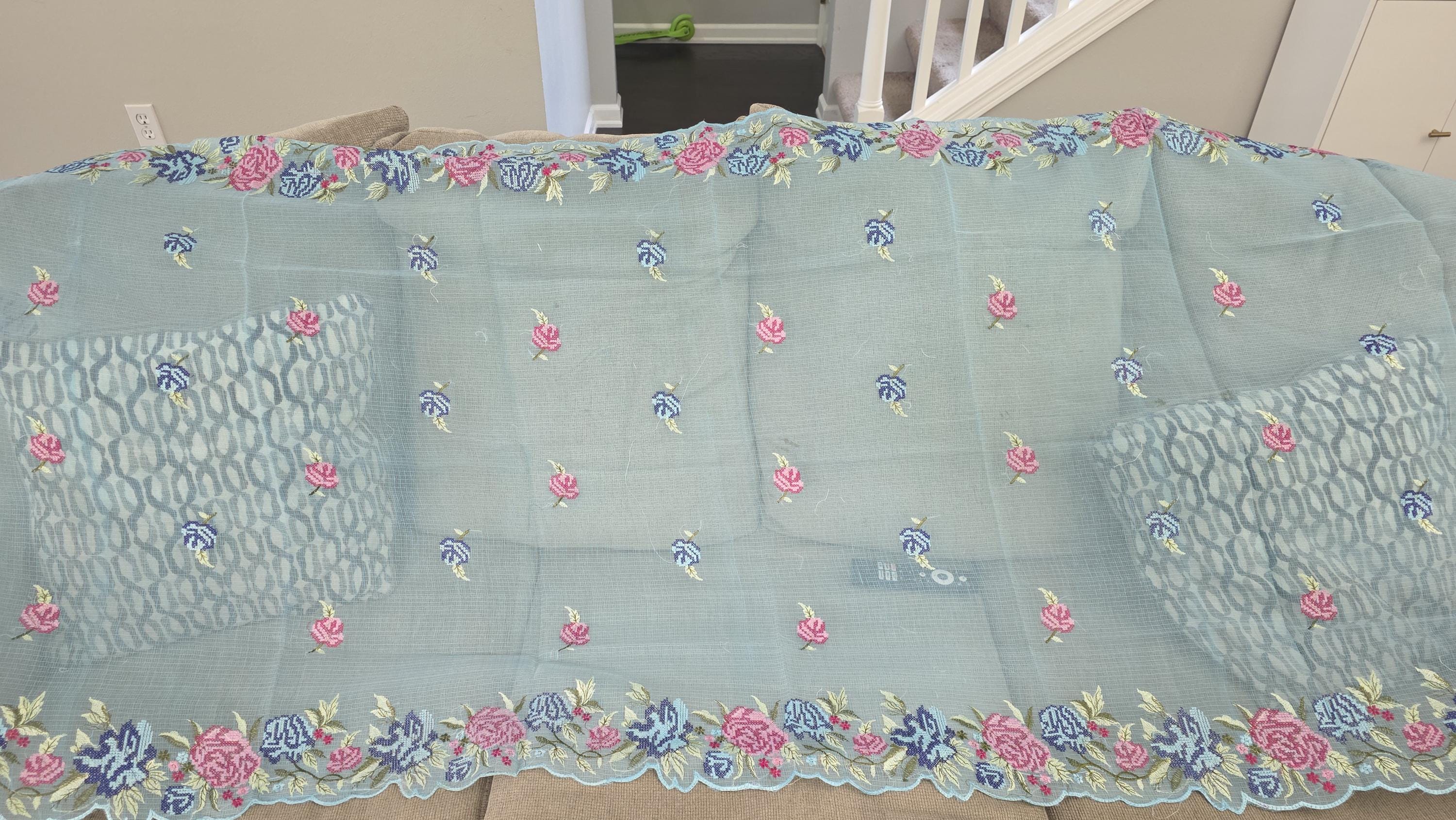 Sky Blue Kota Doria Embroidered Dupatta | Floral Embroidery | Lightweight Kota Doriya Dupatta | Indian Ethnic Dupatta | Wedding & Festive