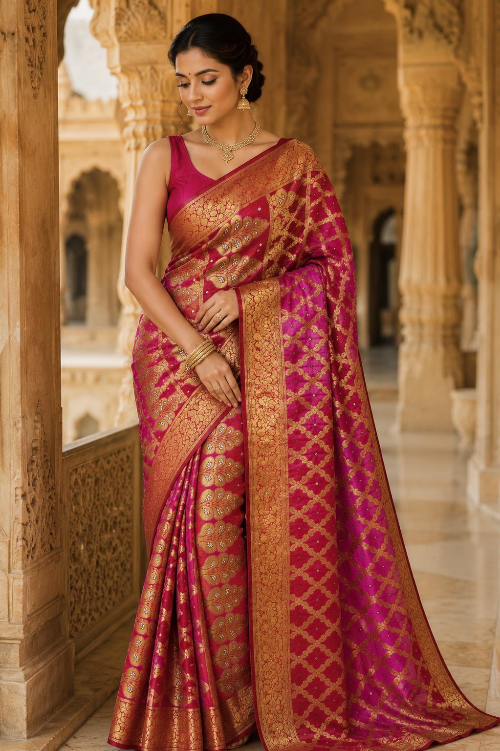 Traditional Pink & Red Gharchola Saree | Bandhani Silk Saree with Zari Work |Festive Wedding Wear | Indian Ethnic Saree