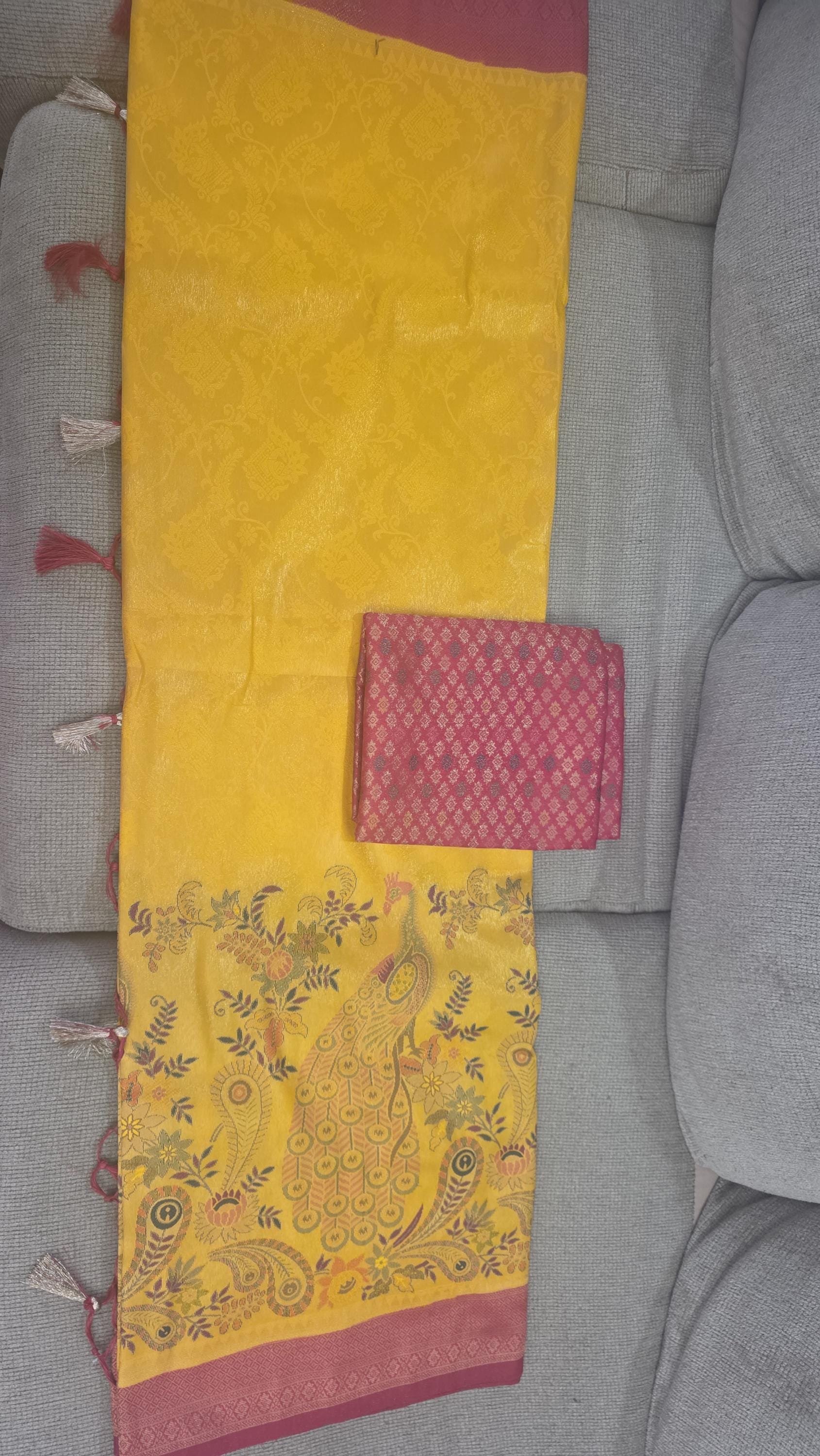 Exquisite Handpaint Weaving Kanchivaram Silk Saree in a radiant yellow and pink combination