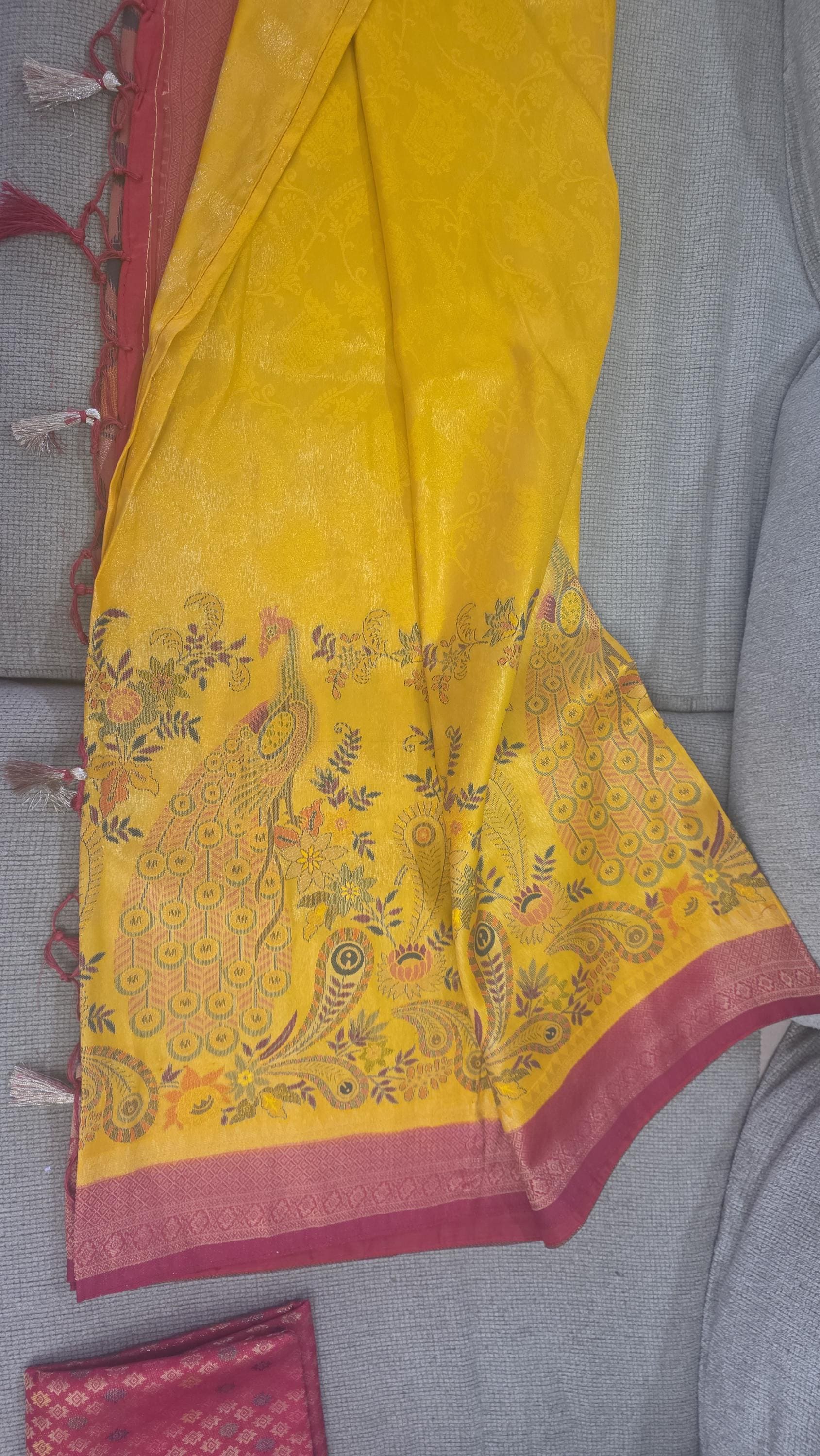 Exquisite Handpaint Weaving Kanchivaram Silk Saree in a radiant yellow and pink combination