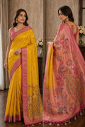 Exquisite Handpaint Weaving Kanchivaram Silk Saree in a radiant yellow and pink combination
