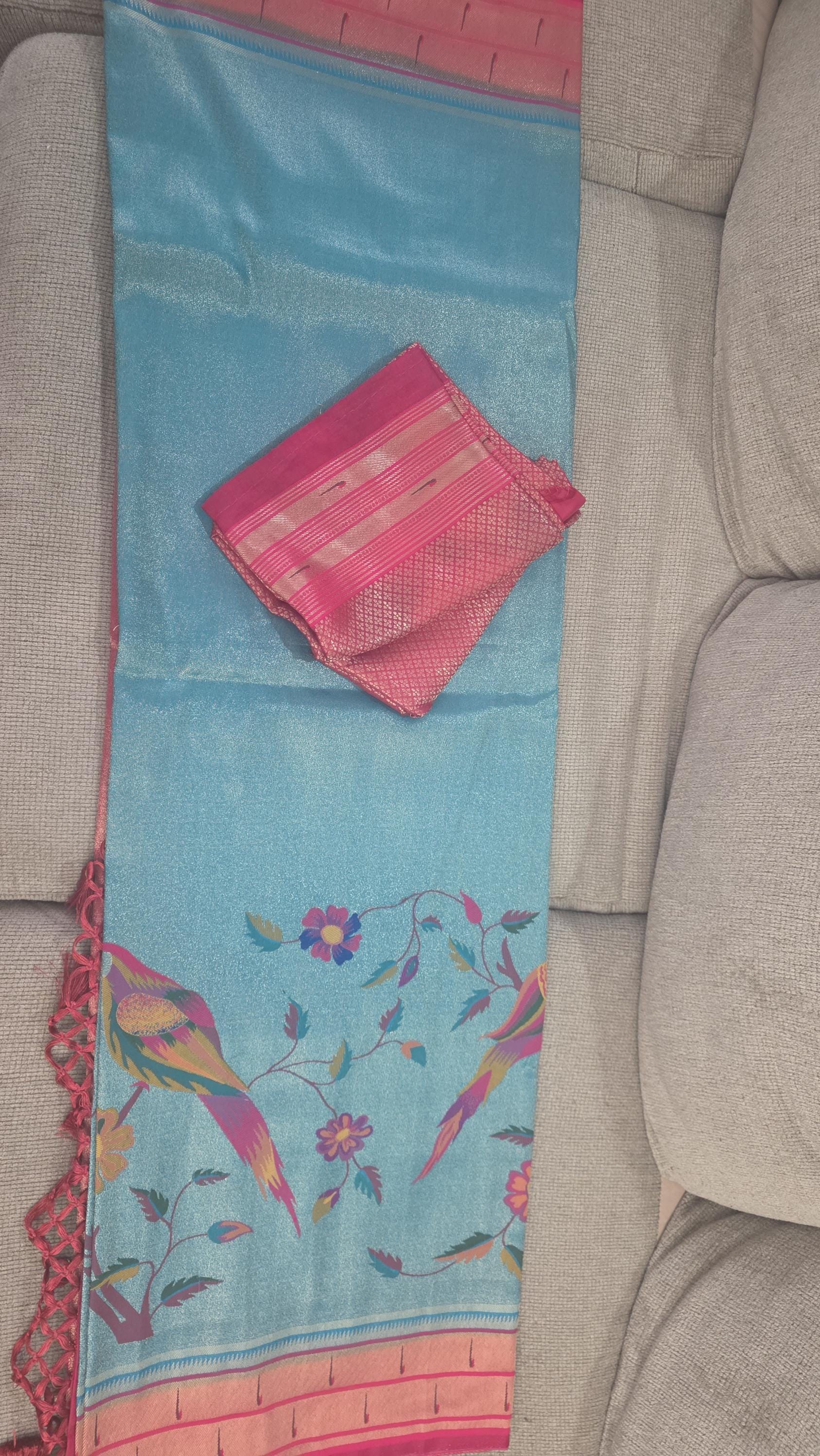 Exquisite Handpaint Weaving Kanchivaram Silk Saree in a radiant rama green and pink