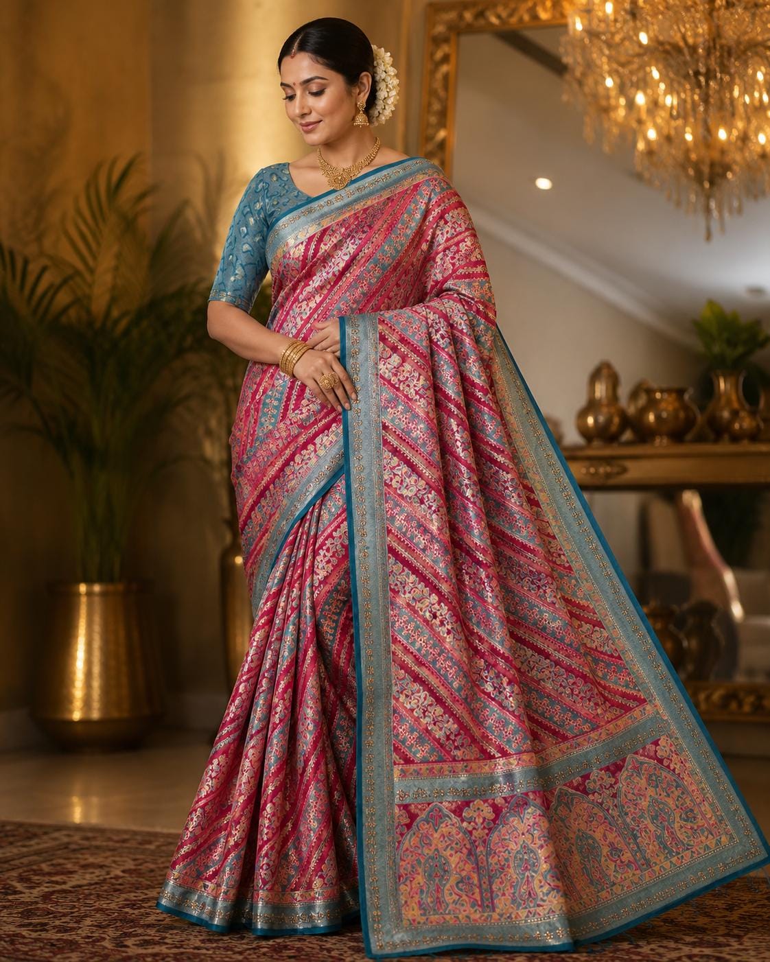 Handcrafted Chiffon Brass Gold Foil Saree | Magenta Pink & Teal Blue Designer Saree | Lightweight Party Wear | Wedding F