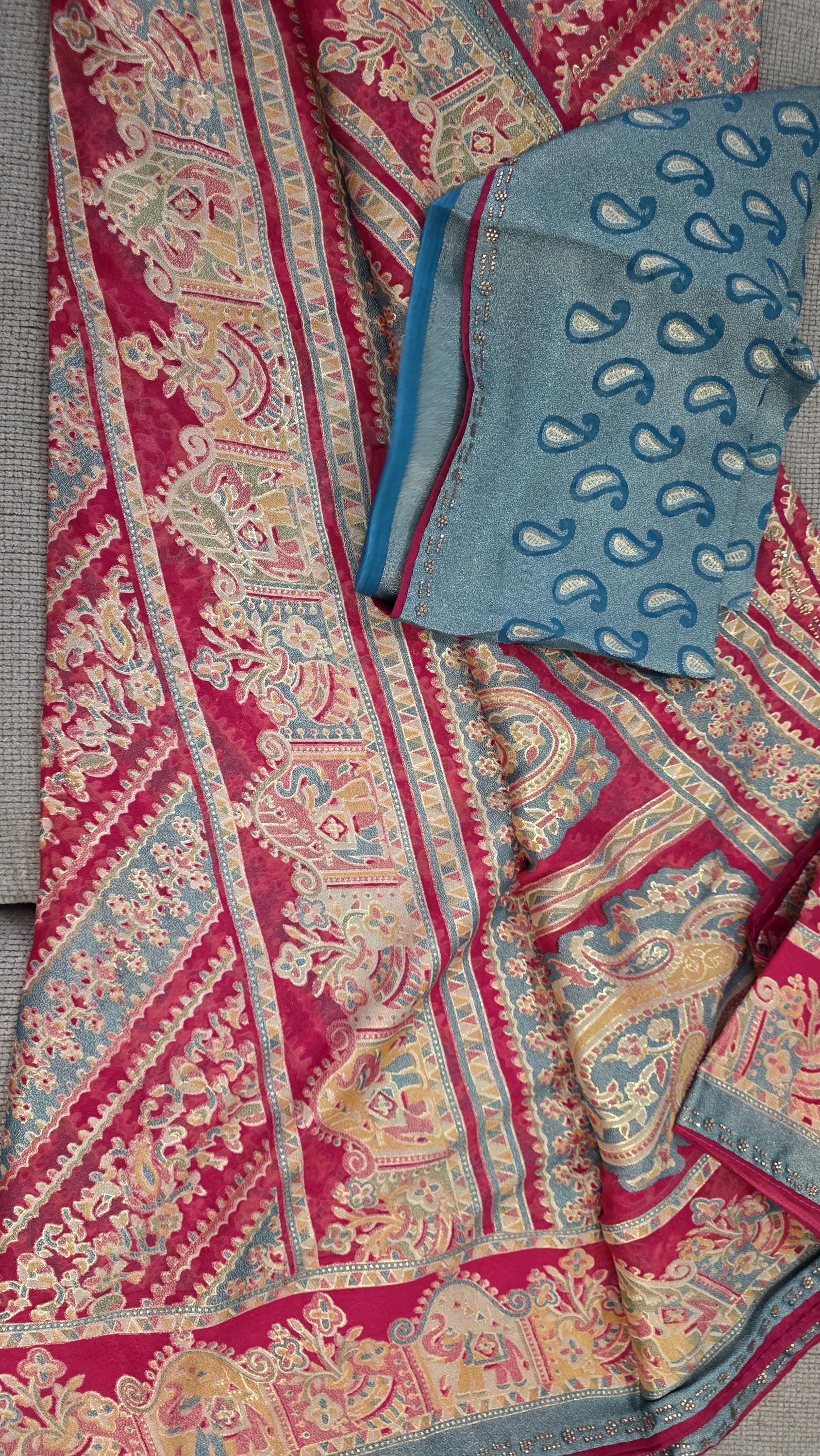 Handcrafted Chiffon Brass Gold Foil Saree | Magenta Pink & Teal Blue Designer Saree | Lightweight Party Wear | Wedding F