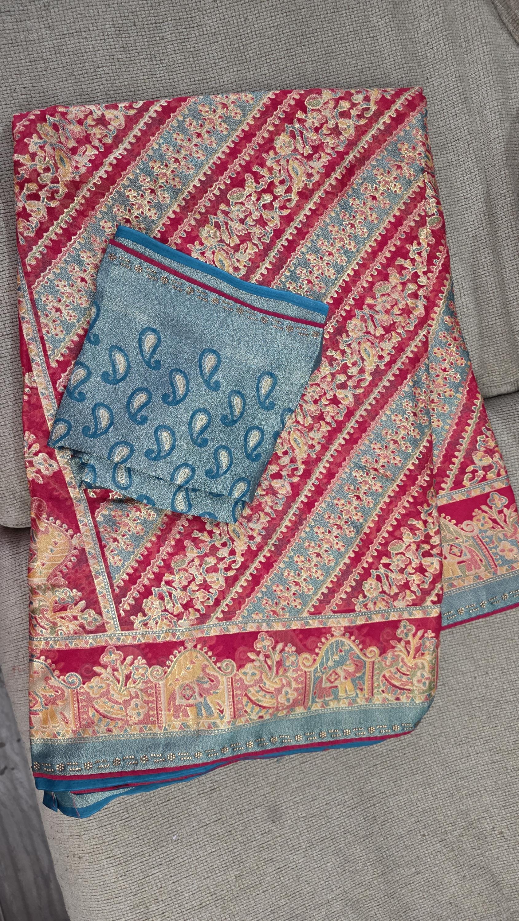 Handcrafted Chiffon Brass Gold Foil Saree | Magenta Pink & Teal Blue Designer Saree | Lightweight Party Wear | Wedding F