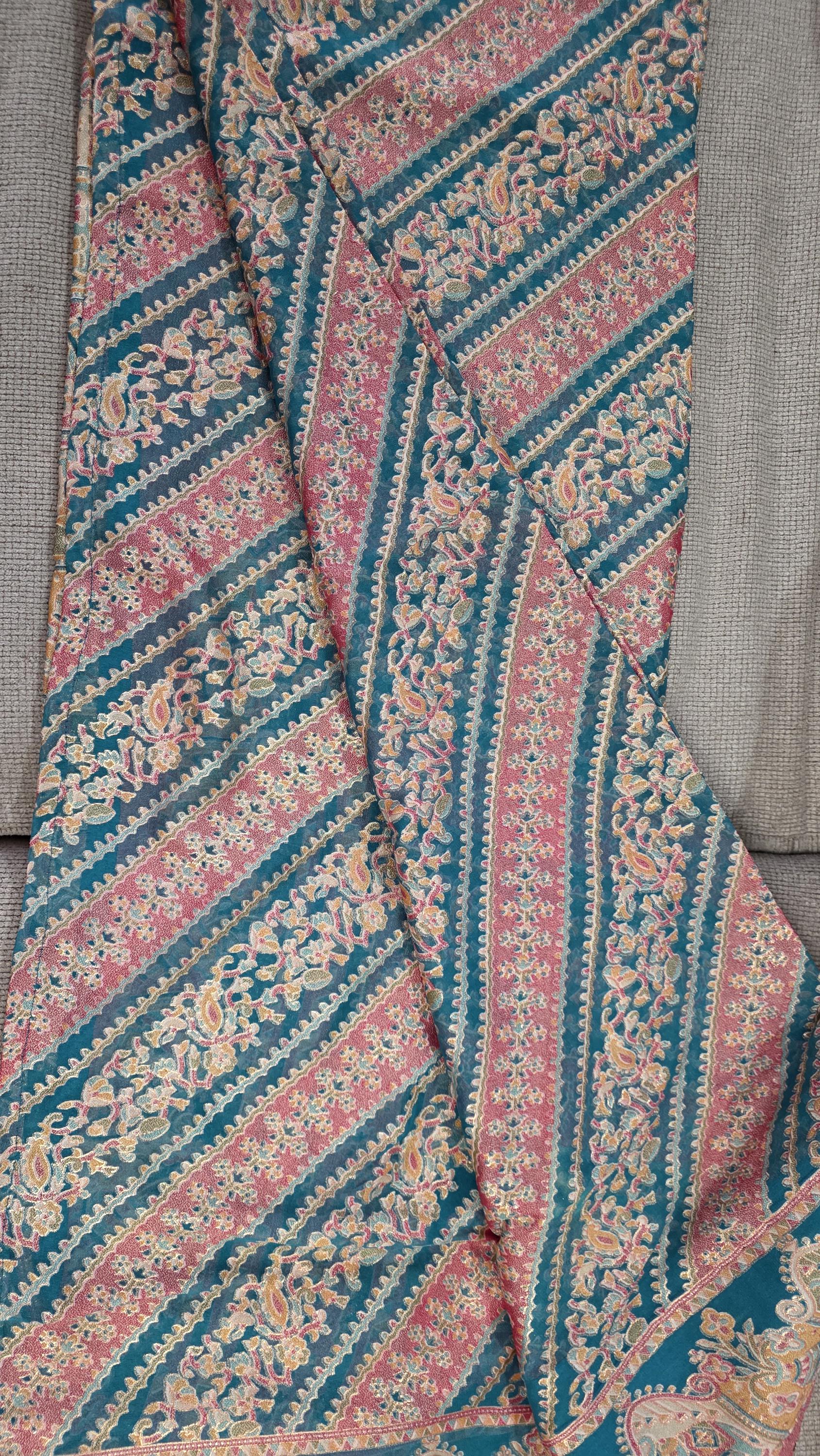Handcrafted Chiffon Brass Gold Foil Saree | Magenta Pink & Teal Blue Designer Saree | Lightweight Party Wear | Wedding F