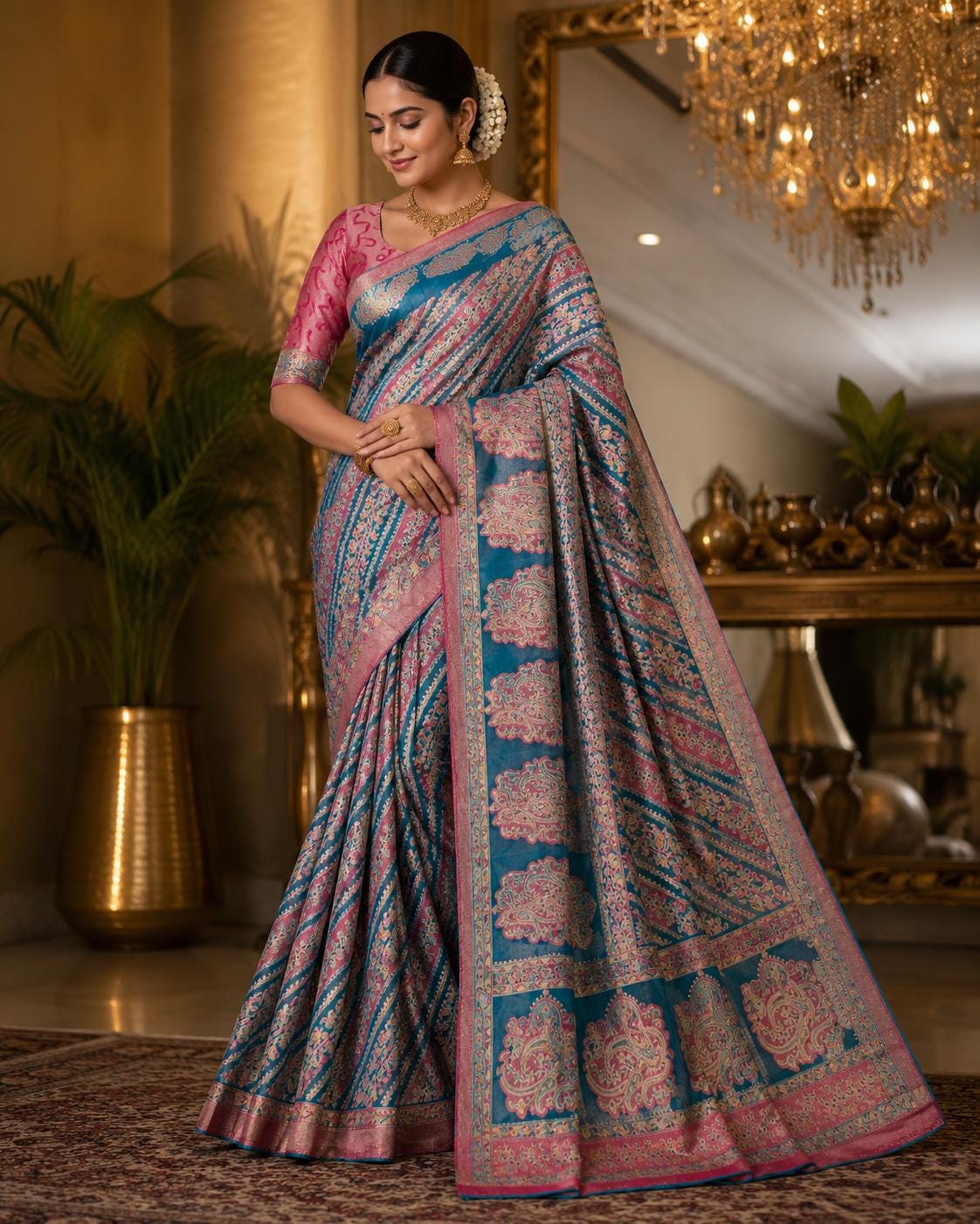 Handcrafted Chiffon Brass Gold Foil Saree | Magenta Pink & Teal Blue Designer Saree | Lightweight Party Wear | Wedding F