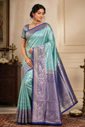Rama Green & Sky Blue Brocade Banarasi Saree | Zari Woven| Blue Contrast Border Pallu | Indian Wedding Saree | Festive
