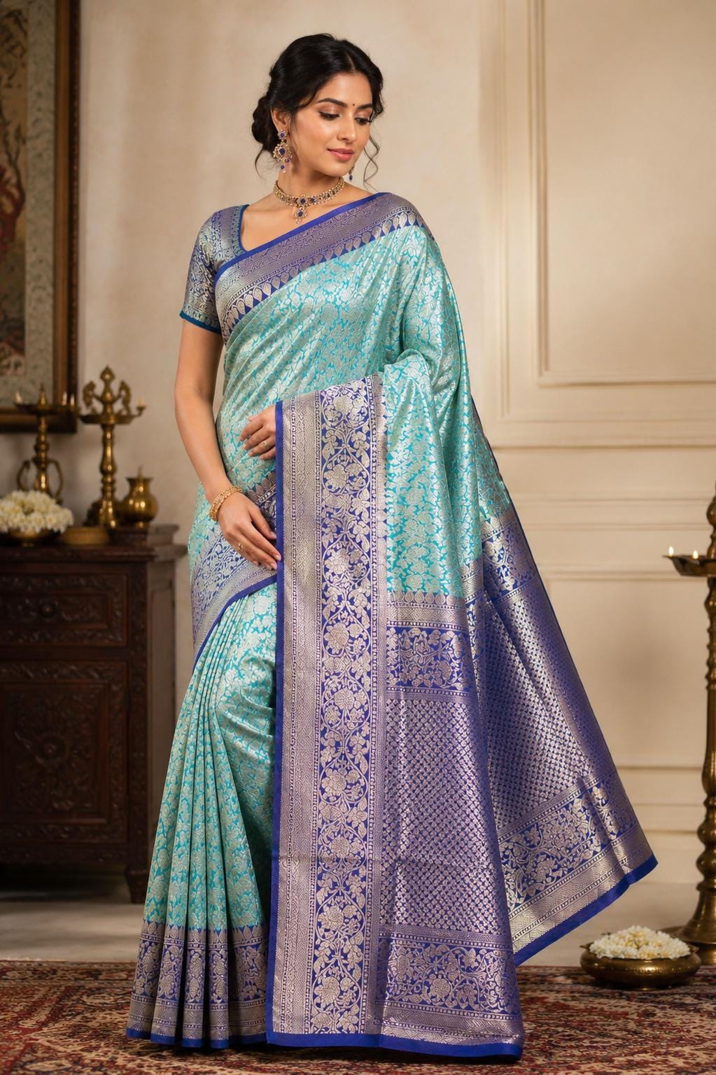 Rama Green & Sky Blue Brocade Banarasi Saree | Zari Woven| Blue Contrast Border Pallu | Indian Wedding Saree | Festive