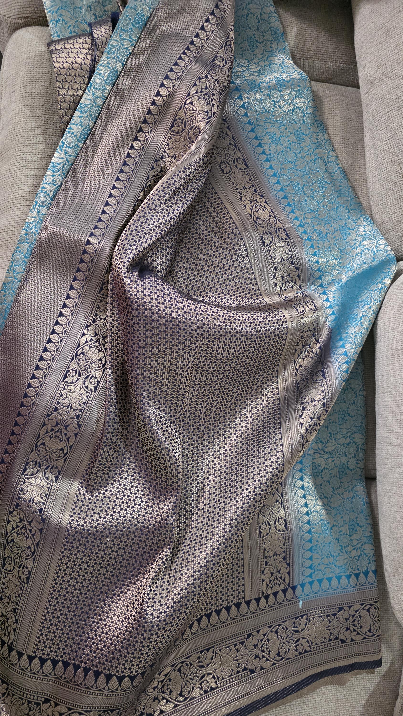 Rama Green & Sky Blue Brocade Banarasi Saree | Zari Woven| Blue Contrast Border Pallu | Indian Wedding Saree | Festive