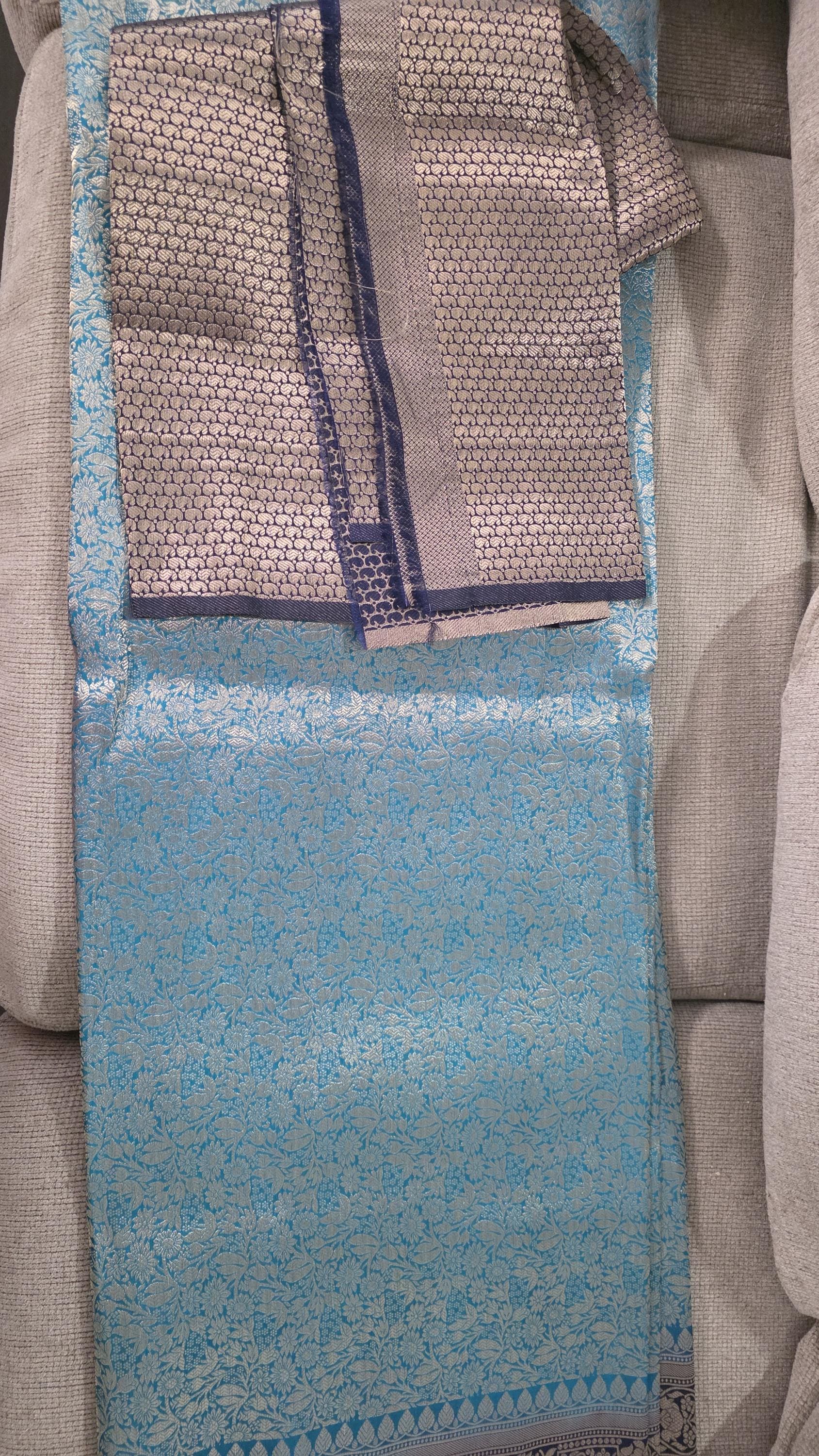 Rama Green & Sky Blue Brocade Banarasi Saree | Zari Woven| Blue Contrast Border Pallu | Indian Wedding Saree | Festive