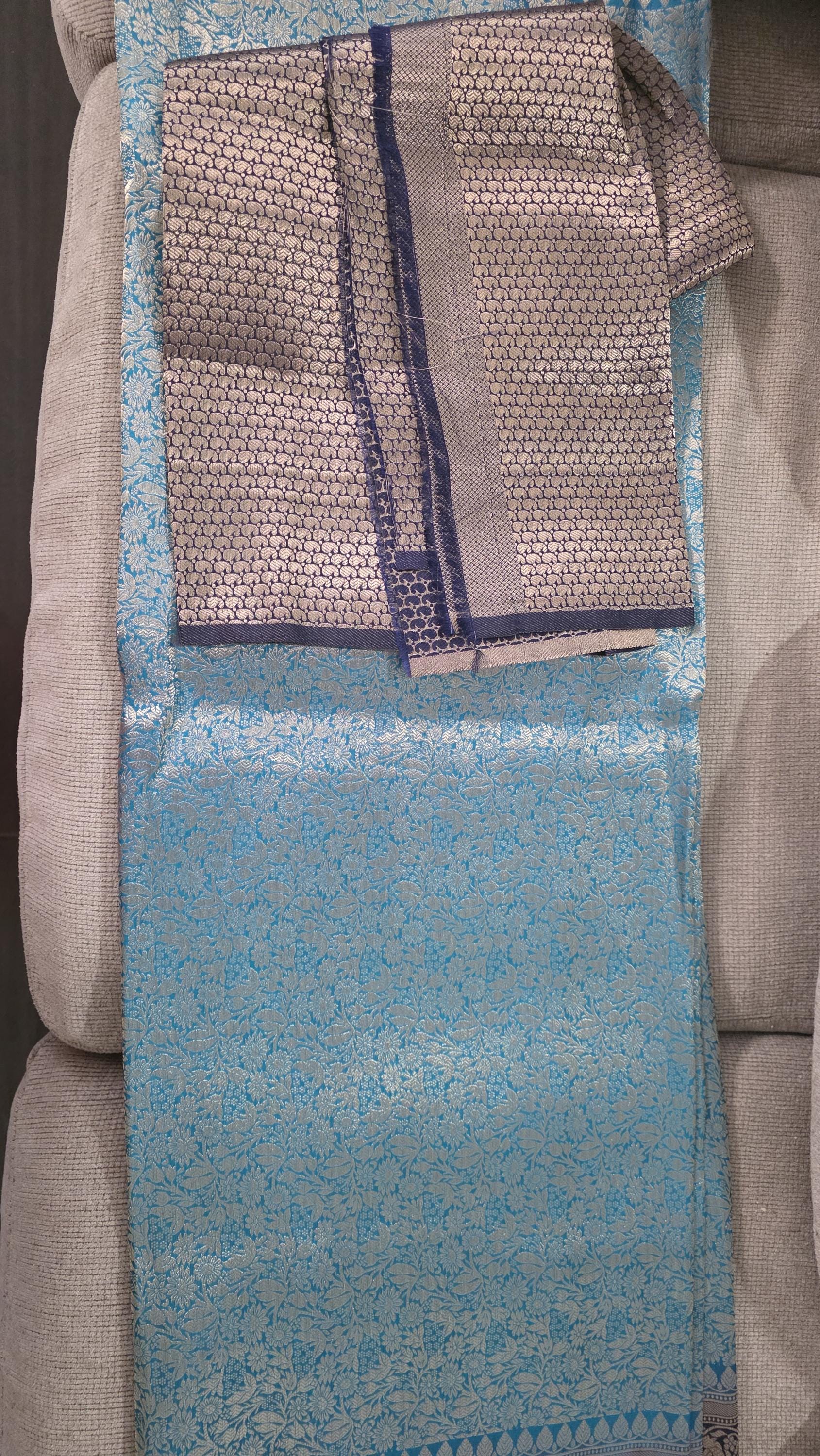 Rama Green & Sky Blue Brocade Banarasi Saree | Zari Woven| Blue Contrast Border Pallu | Indian Wedding Saree | Festive