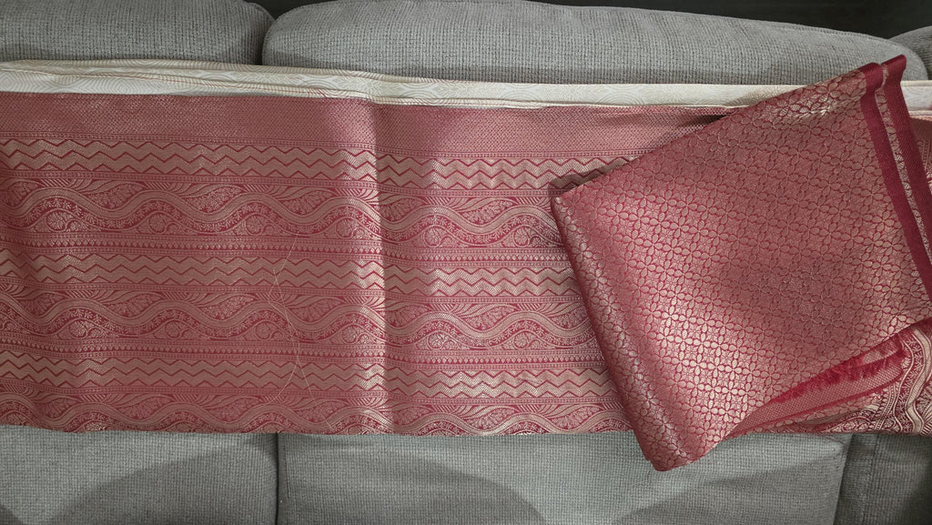 White and red Brocade Banarasi Saree | Zari Woven| Blue Contrast Border Pallu | Indian Wedding Saree | Festive