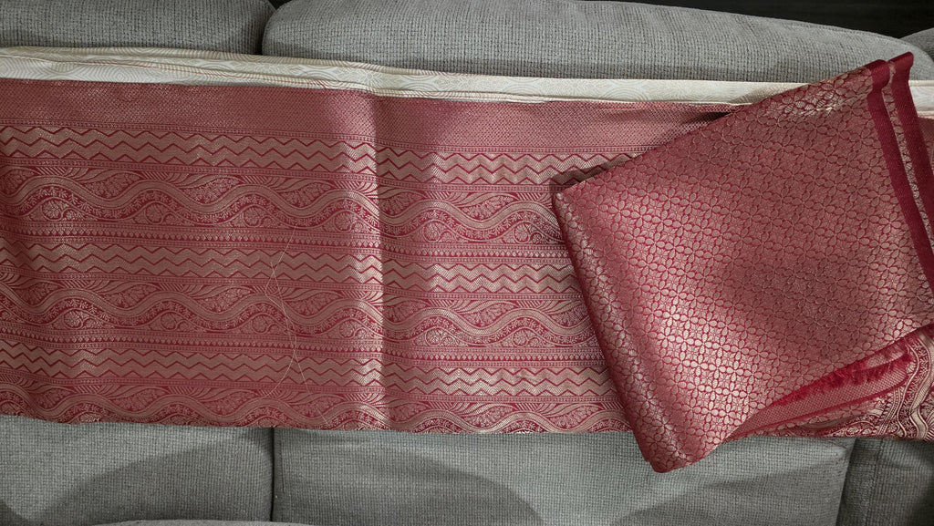 White and red Brocade Banarasi Saree | Zari Woven| Blue Contrast Border Pallu | Indian Wedding Saree | Festive