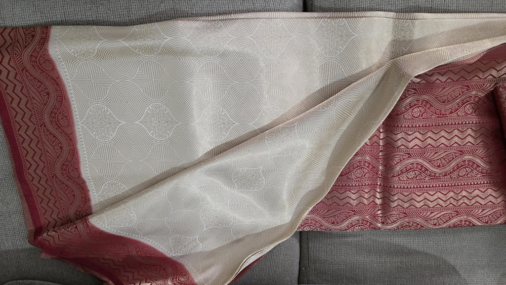 White and red Brocade Banarasi Saree | Zari Woven| Blue Contrast Border Pallu | Indian Wedding Saree | Festive