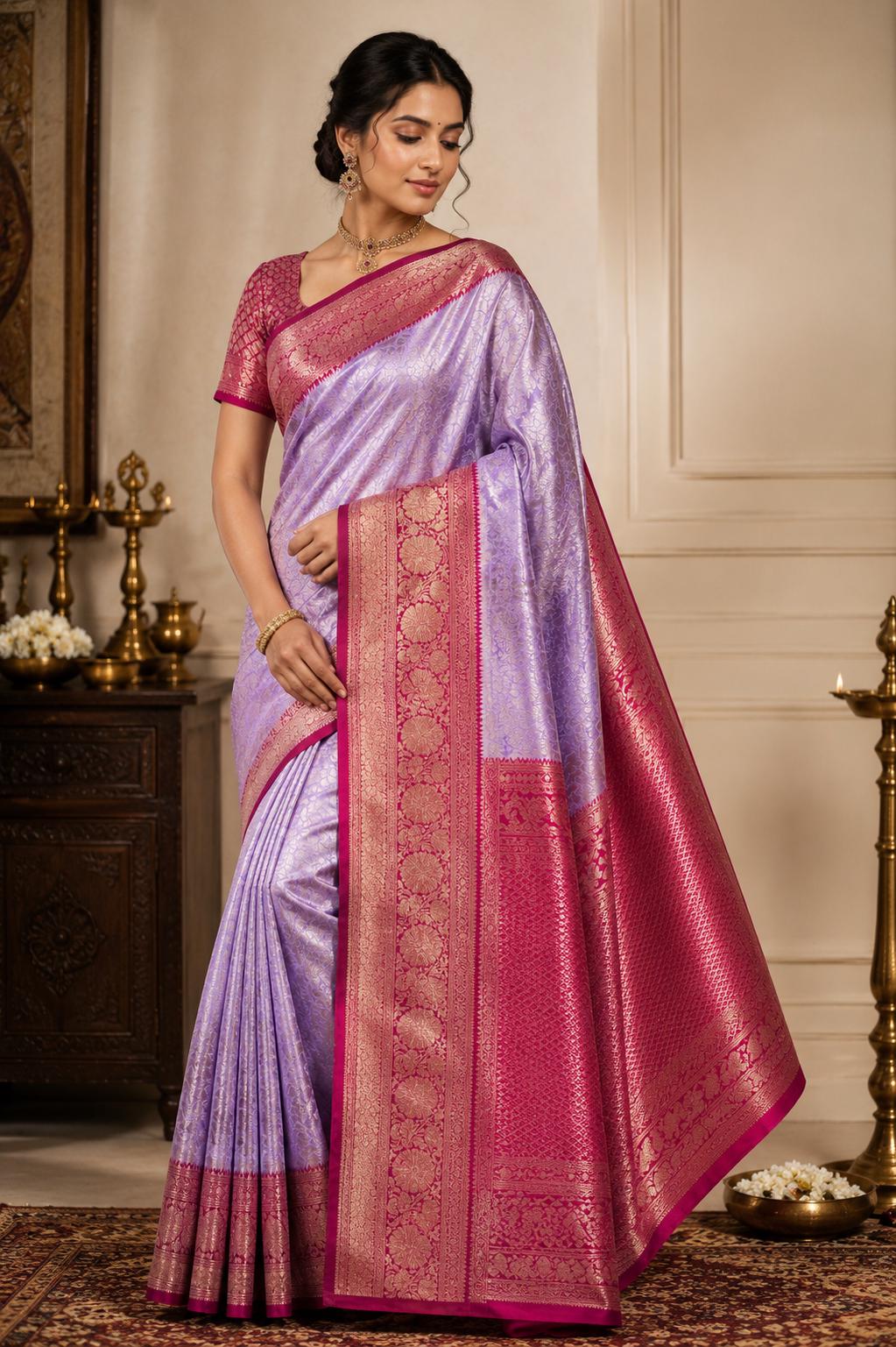 Purple Brocade Banarasi Saree | Zari Woven| Blue Contrast Border Pallu | Indian Wedding Saree | Festive