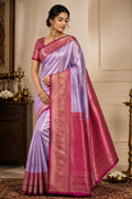 Purple Brocade Banarasi Saree | Zari Woven| Blue Contrast Border Pallu | Indian Wedding Saree | Festive