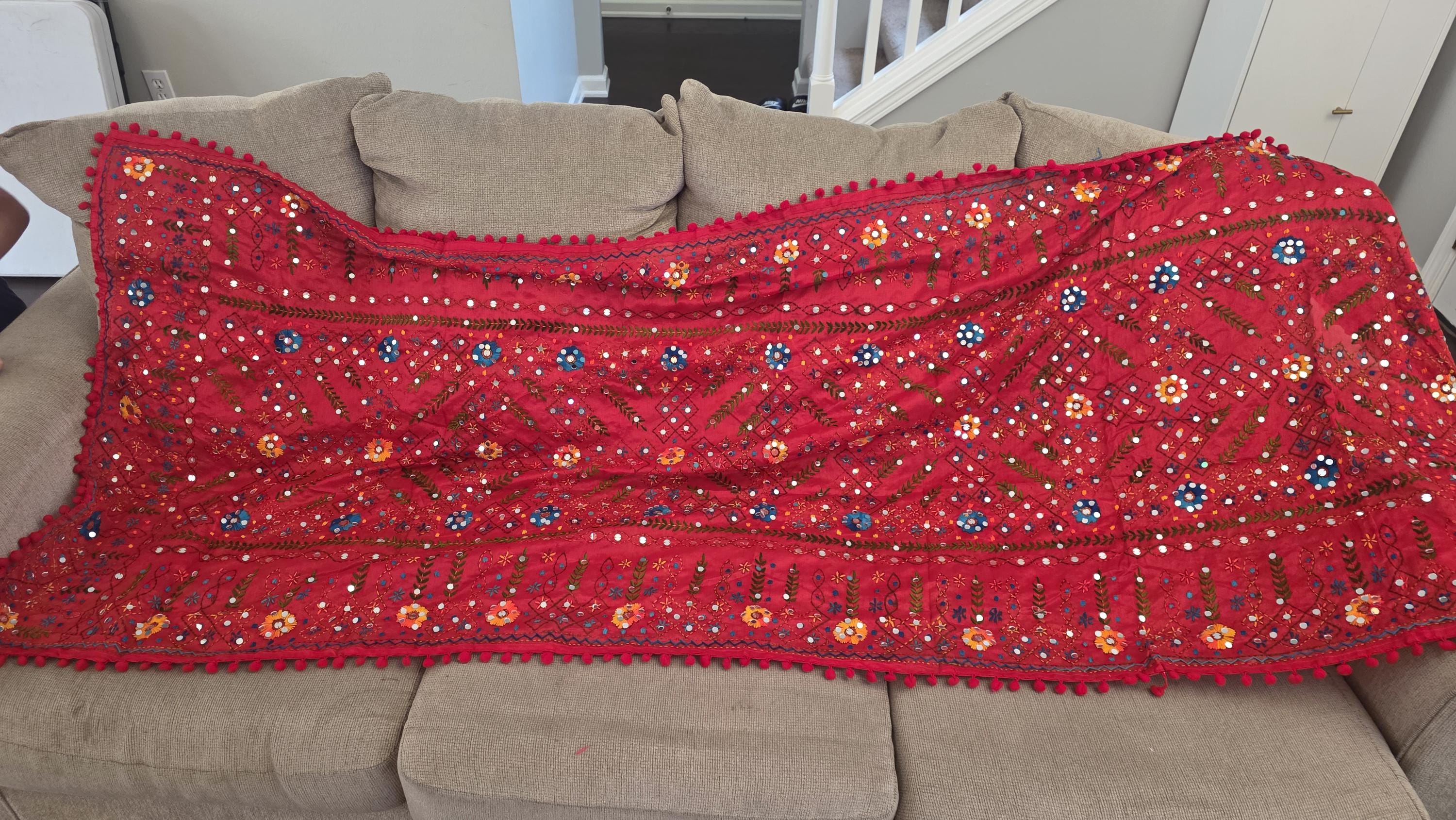 Red Kantha Work Dupatta with Mirror Work | Indian Ethnic Festive Scarf