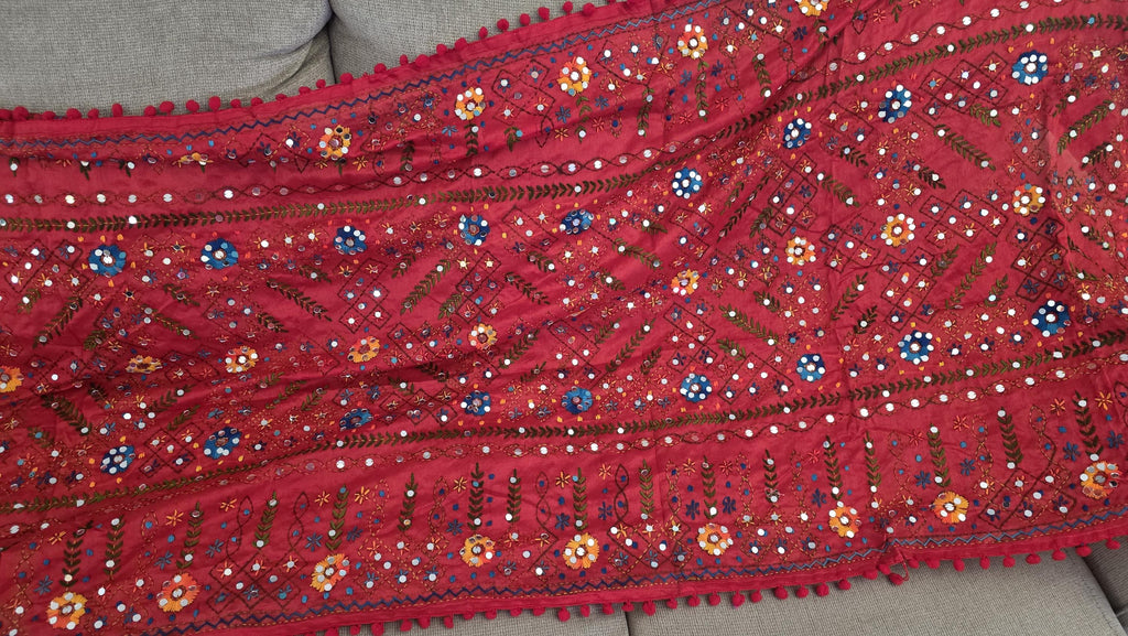 Red Kantha Work Dupatta with Mirror Work | Indian Ethnic Festive Scarf