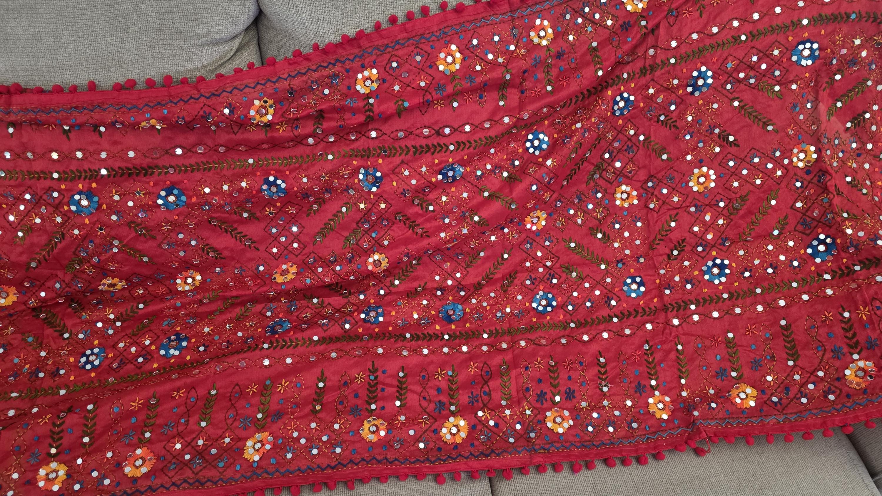 Red Kantha Work Dupatta with Mirror Work | Indian Ethnic Festive Scarf
