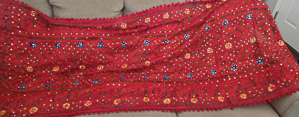 Red Kantha Work Dupatta with Mirror Work | Indian Ethnic Festive Scarf