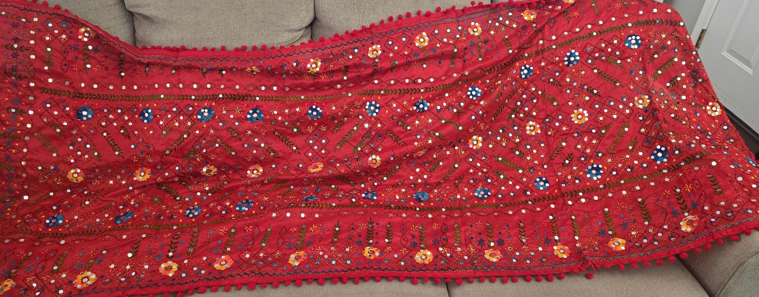 Red Kantha Work Dupatta with Mirror Work | Indian Ethnic Festive Scarf