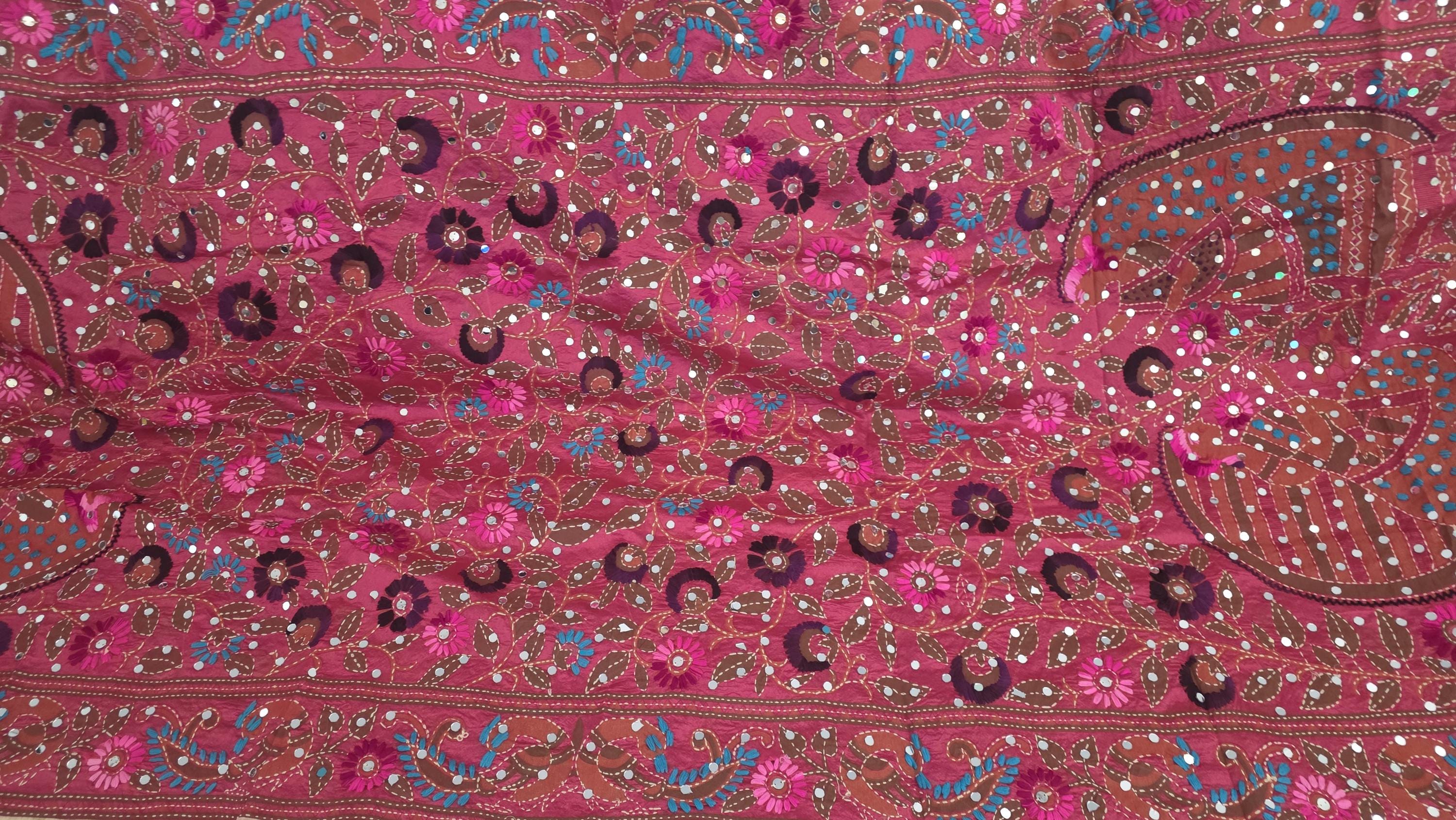 Pink Kantha Work Dupatta with Mirror Work | Indian Ethnic Festive Scarf