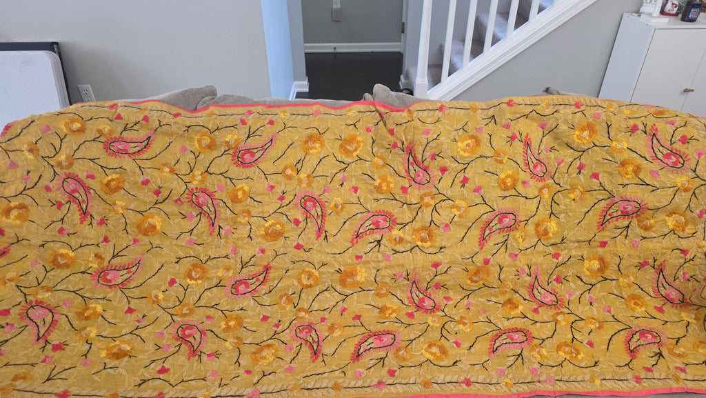 Yellow Kantha Work Dupatta | Indian Ethnic Festive Scarf