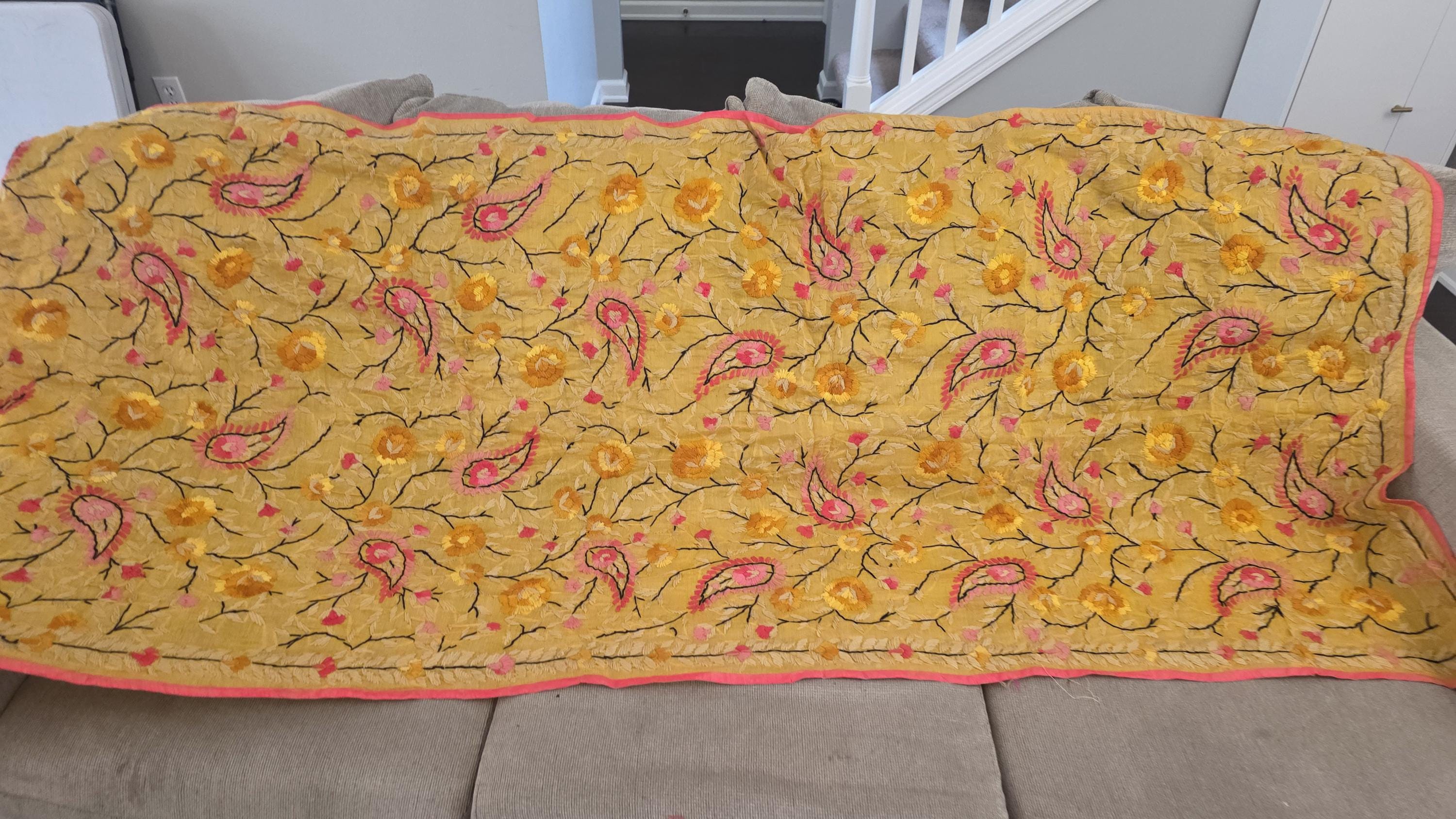 Yellow Kantha Work Dupatta | Indian Ethnic Festive Scarf