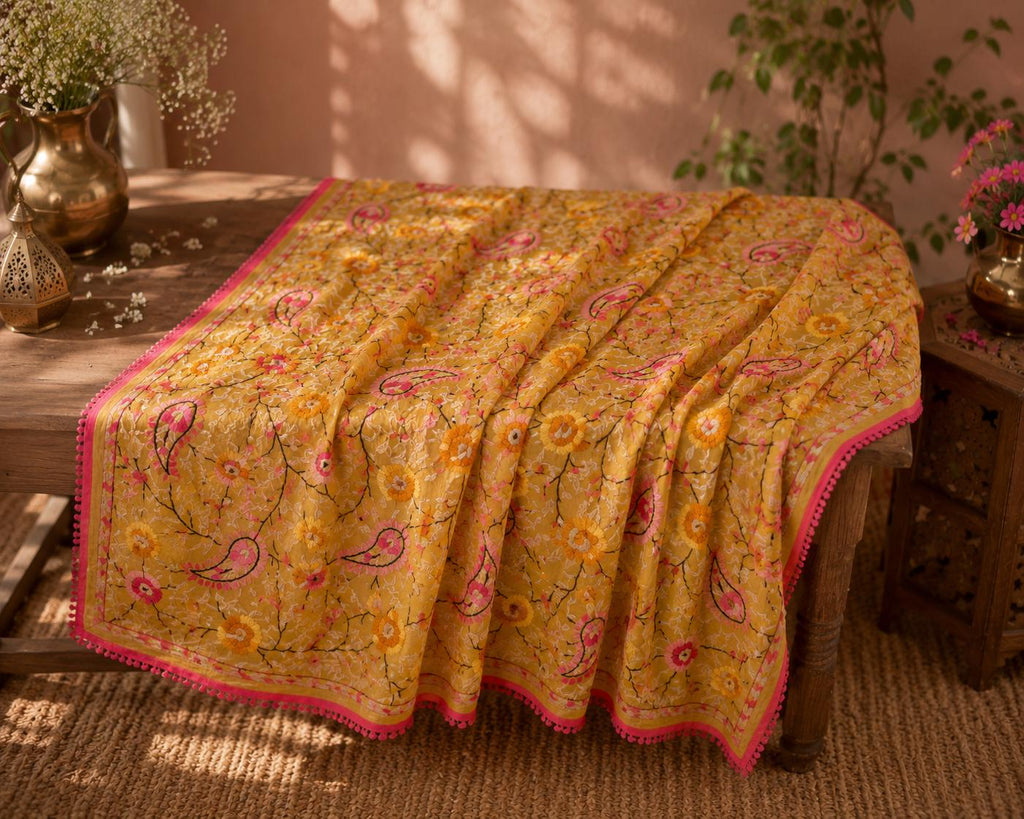 Yellow Kantha Work Dupatta | Indian Ethnic Festive Scarf