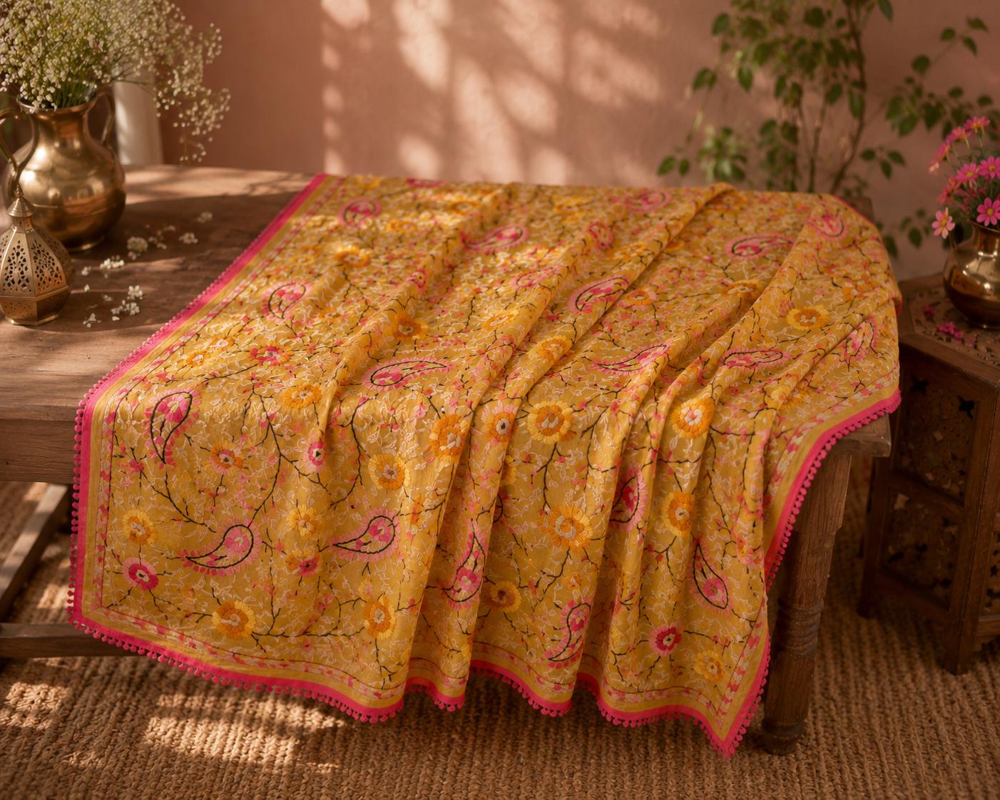 Yellow Kantha Work Dupatta | Indian Ethnic Festive Scarf
