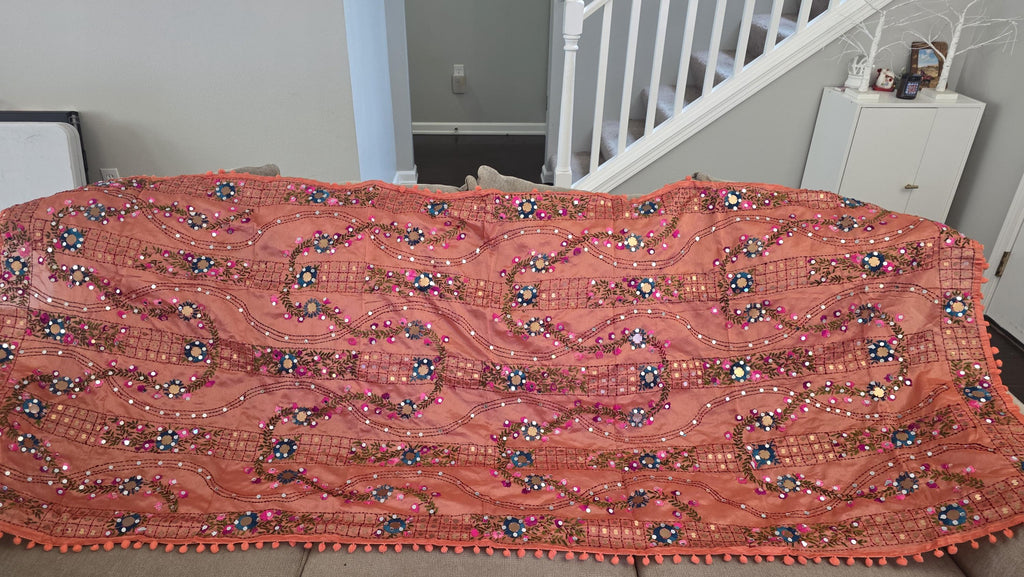 Orange Kantha Work Dupatta with Mirror Work | Indian Ethnic Festive Scarf