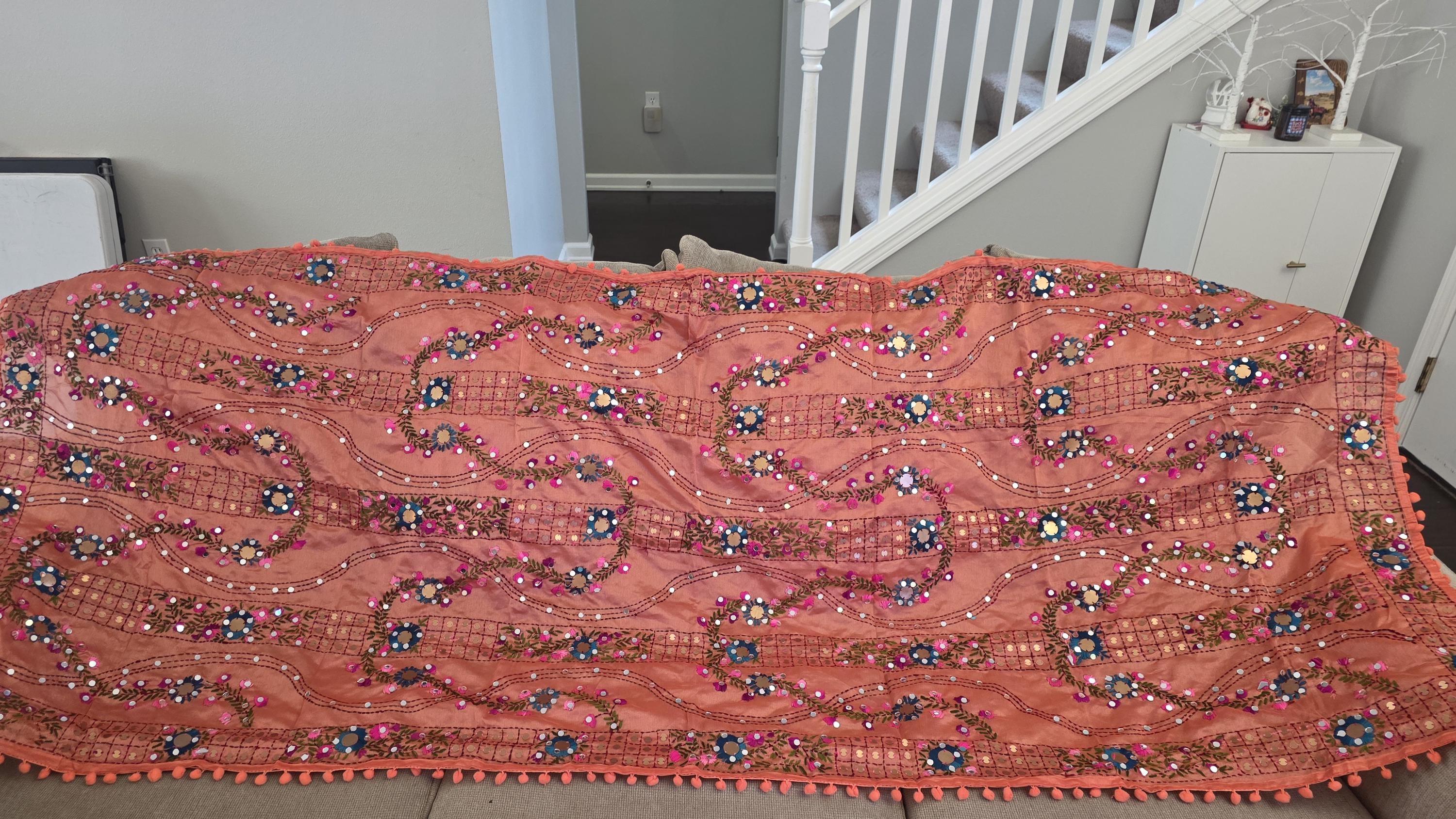 Orange Kantha Work Dupatta with Mirror Work | Indian Ethnic Festive Scarf