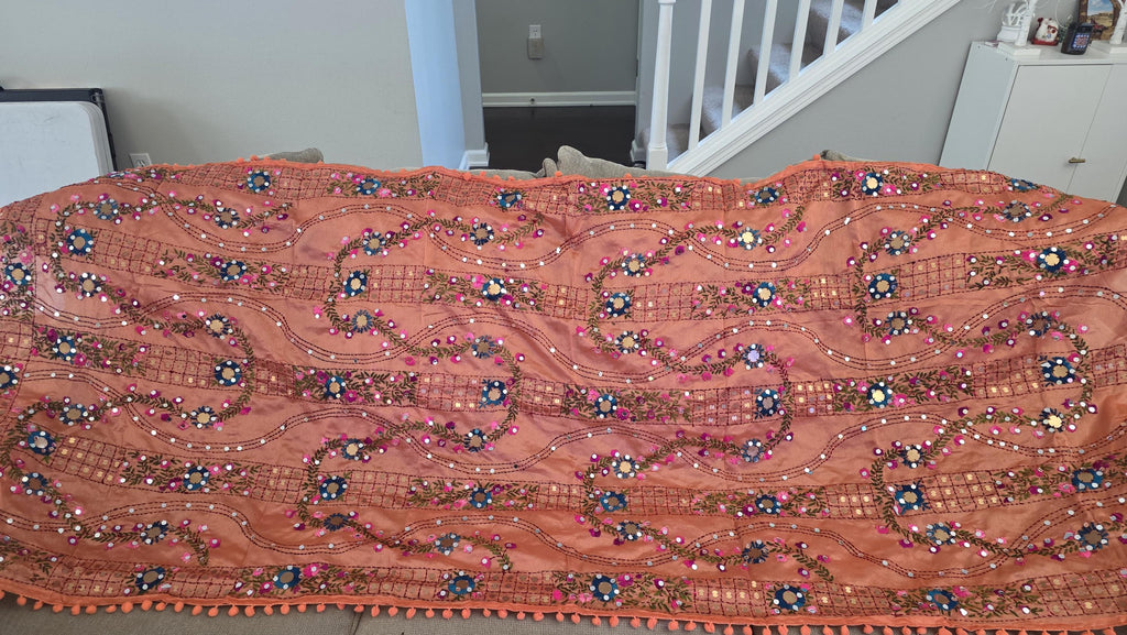 Orange Kantha Work Dupatta with Mirror Work | Indian Ethnic Festive Scarf