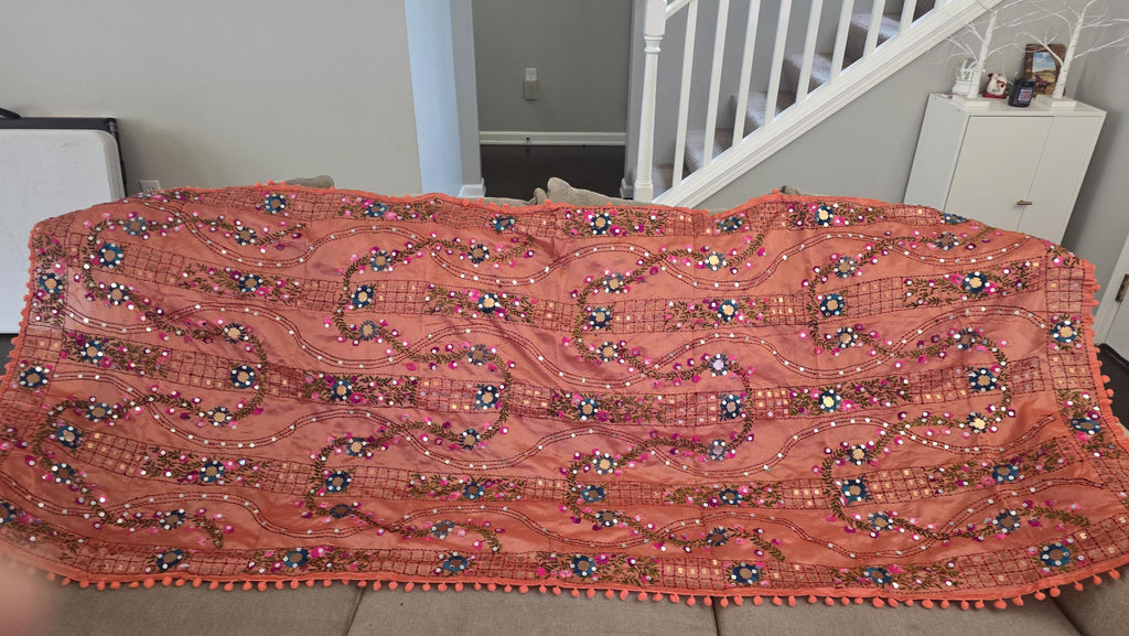 Orange Kantha Work Dupatta with Mirror Work | Indian Ethnic Festive Scarf
