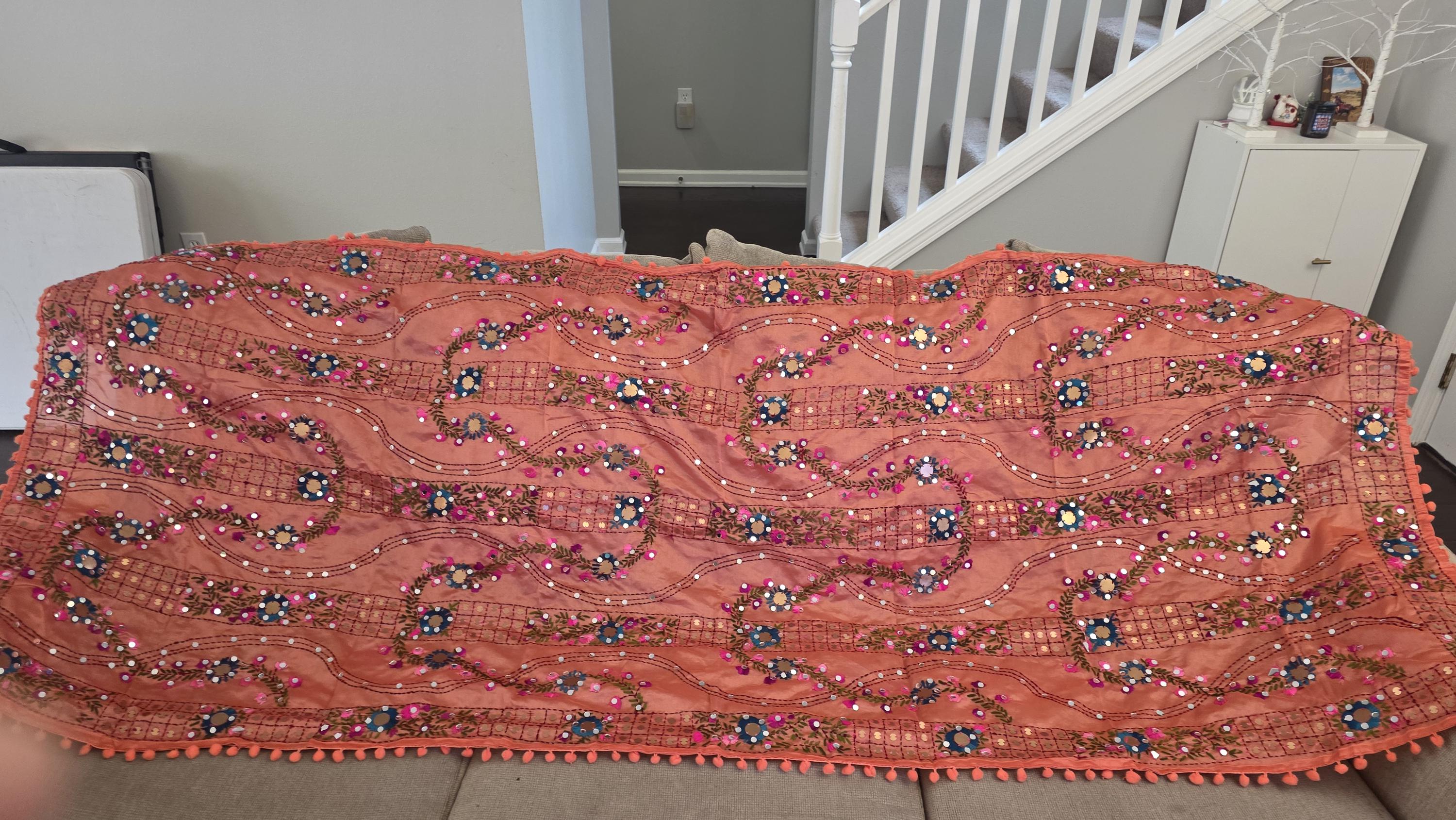 Orange Kantha Work Dupatta with Mirror Work | Indian Ethnic Festive Scarf