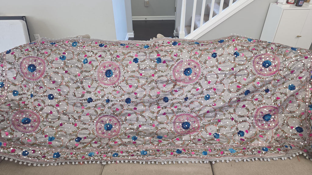 Grey Kantha Work Dupatta with Mirror Work | Indian Ethnic Festive Scarf