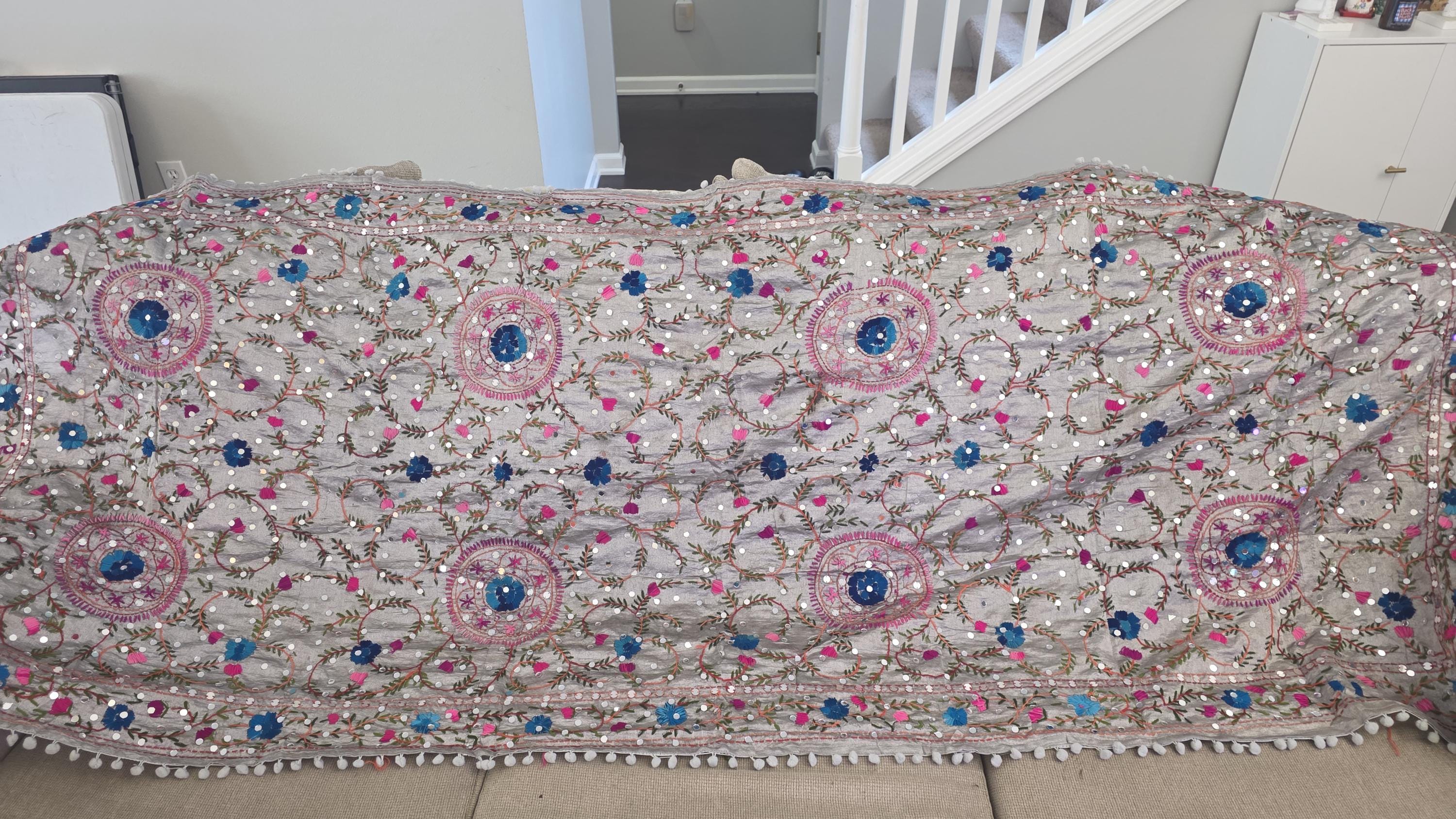 Grey Kantha Work Dupatta with Mirror Work | Indian Ethnic Festive Scarf