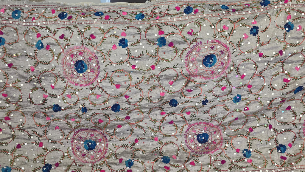 Grey Kantha Work Dupatta with Mirror Work | Indian Ethnic Festive Scarf