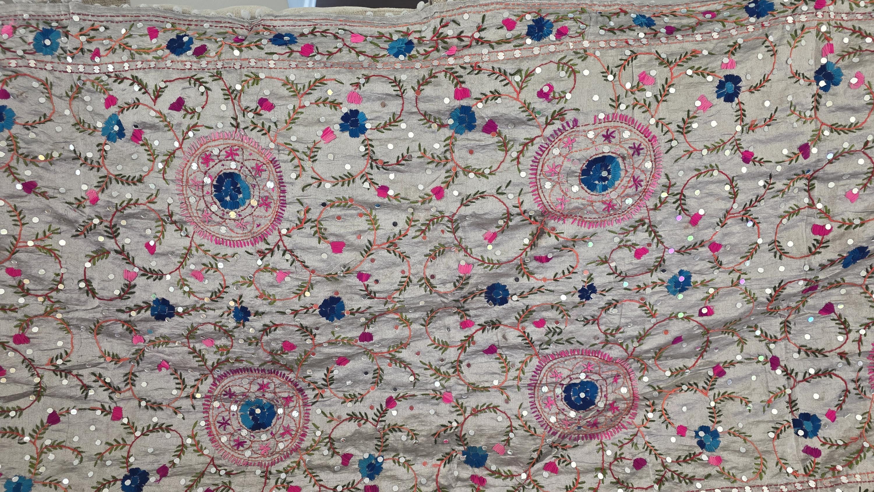 Grey Kantha Work Dupatta with Mirror Work | Indian Ethnic Festive Scarf